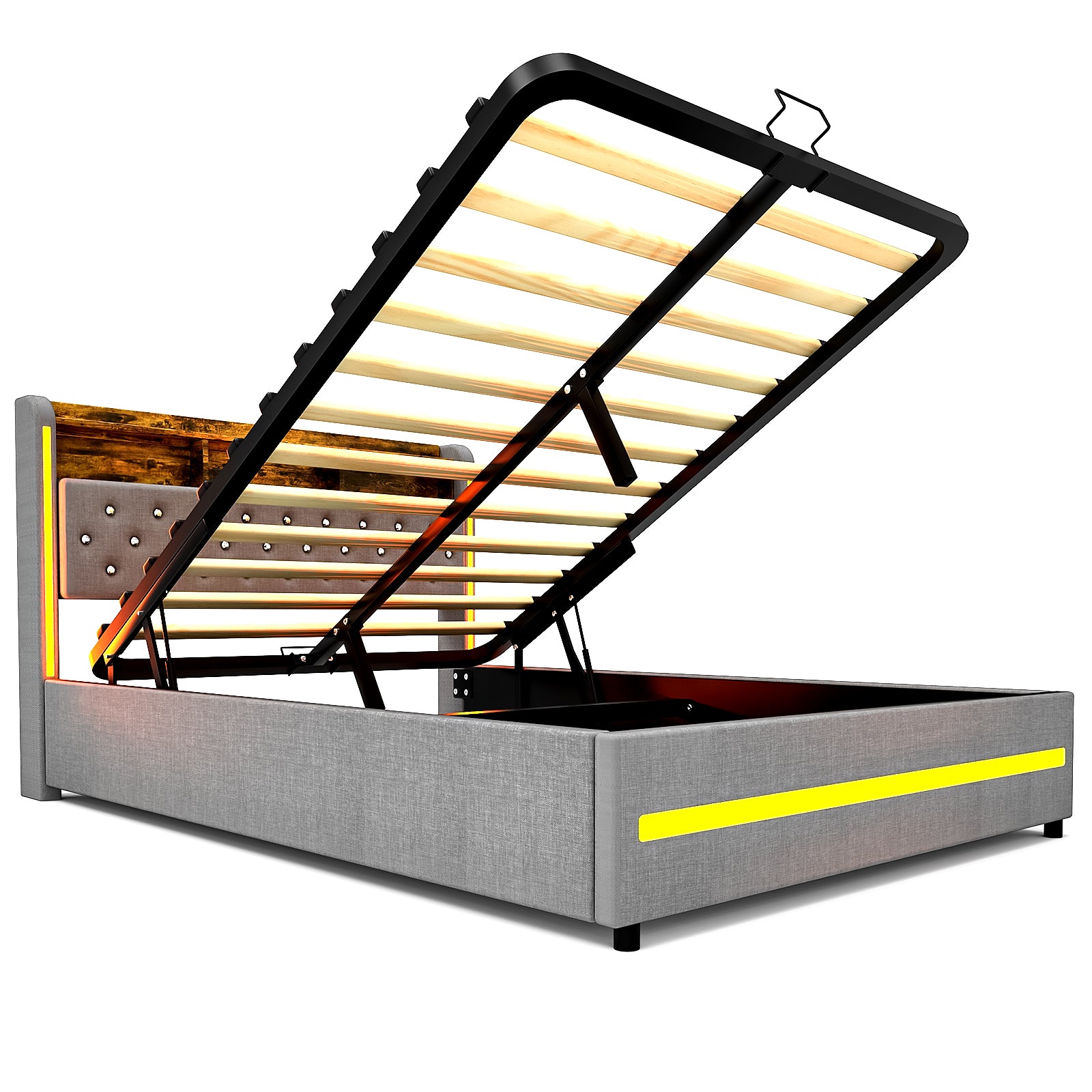 OYAJIA Linen Upholstered Storage Bed 140x200 cm with LED Lighting and Hydraulic Lift