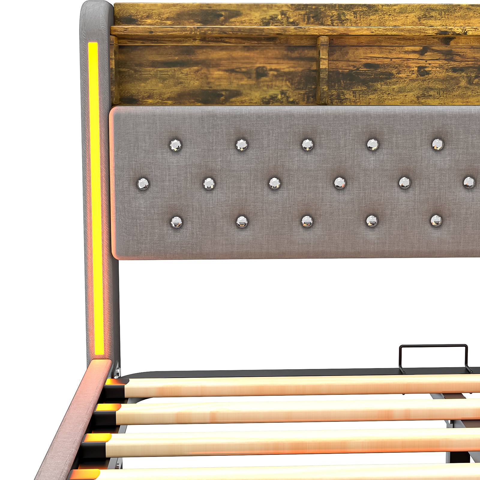 OYAJIA Linen Upholstered Storage Bed 140x200 cm with LED Lighting and Hydraulic Lift