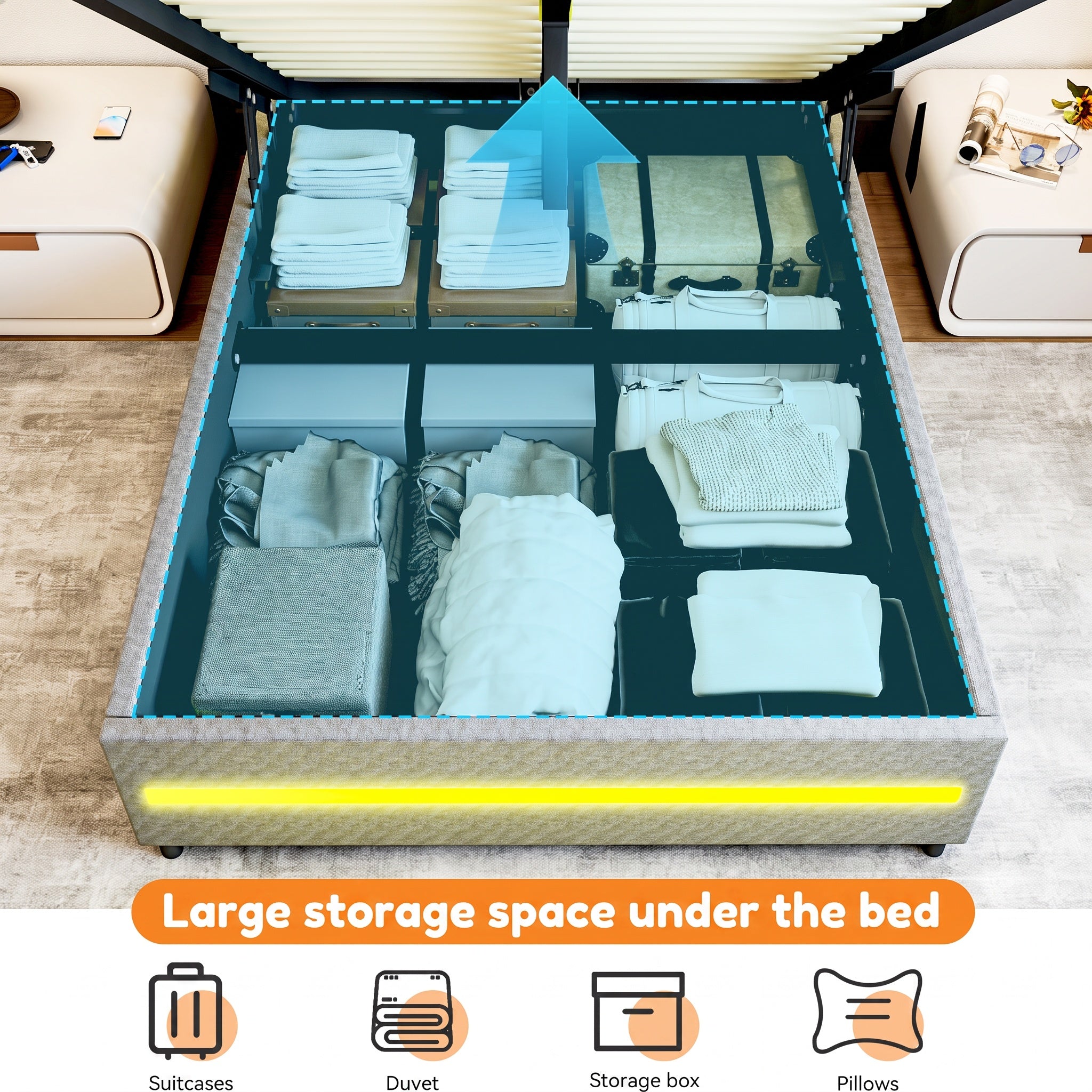 OYAJIA Linen Upholstered Storage Bed 140x200 cm with LED Lighting and Hydraulic Lift