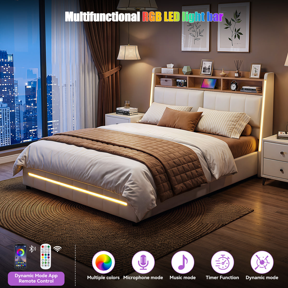 OYAJIA Upholstered Storage Bed with RGB LED, Bluetooth Speaker & USB-C