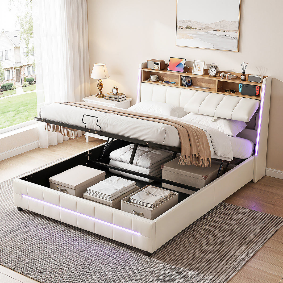 OYAJIA Upholstered Storage Bed with RGB LED, Bluetooth Speaker & USB-C