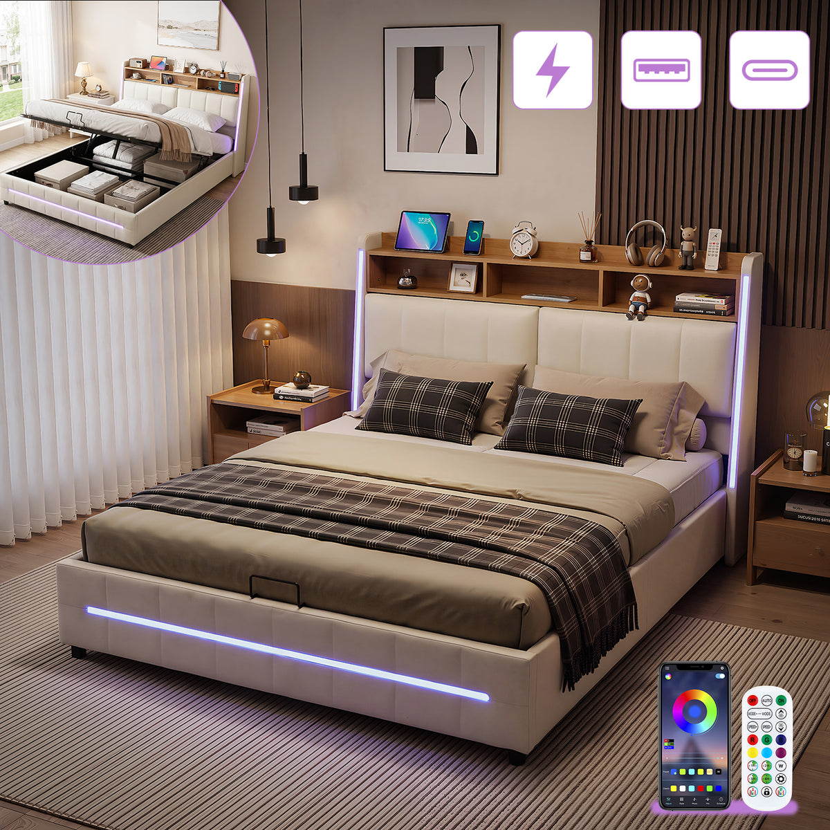 OYAJIA Upholstered Storage Bed with RGB LED, Bluetooth Speaker & USB-C