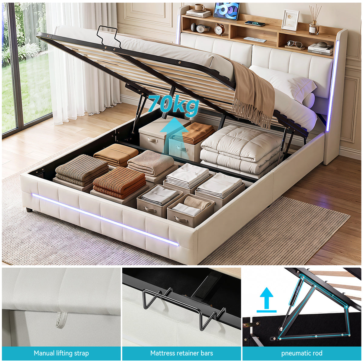 OYAJIA Upholstered Storage Bed with RGB LED, Bluetooth Speaker & USB-C