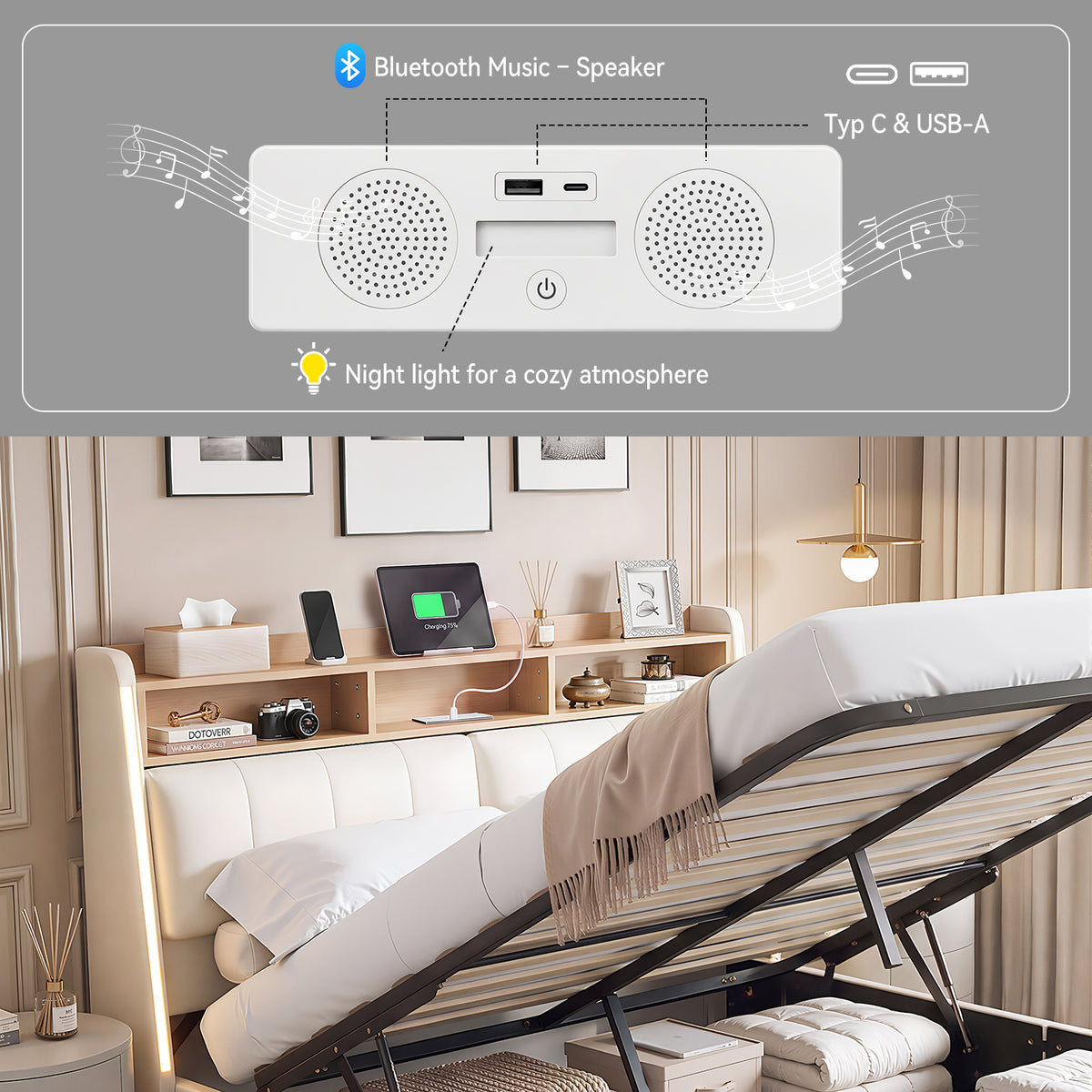 OYAJIA Upholstered Storage Bed with RGB LED, Bluetooth Speaker & USB-C