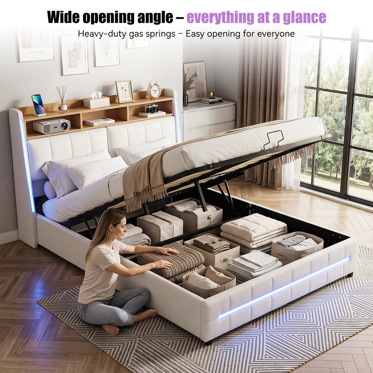 OYAJIA Upholstered Storage Bed with RGB LED, Bluetooth Speaker & USB-C