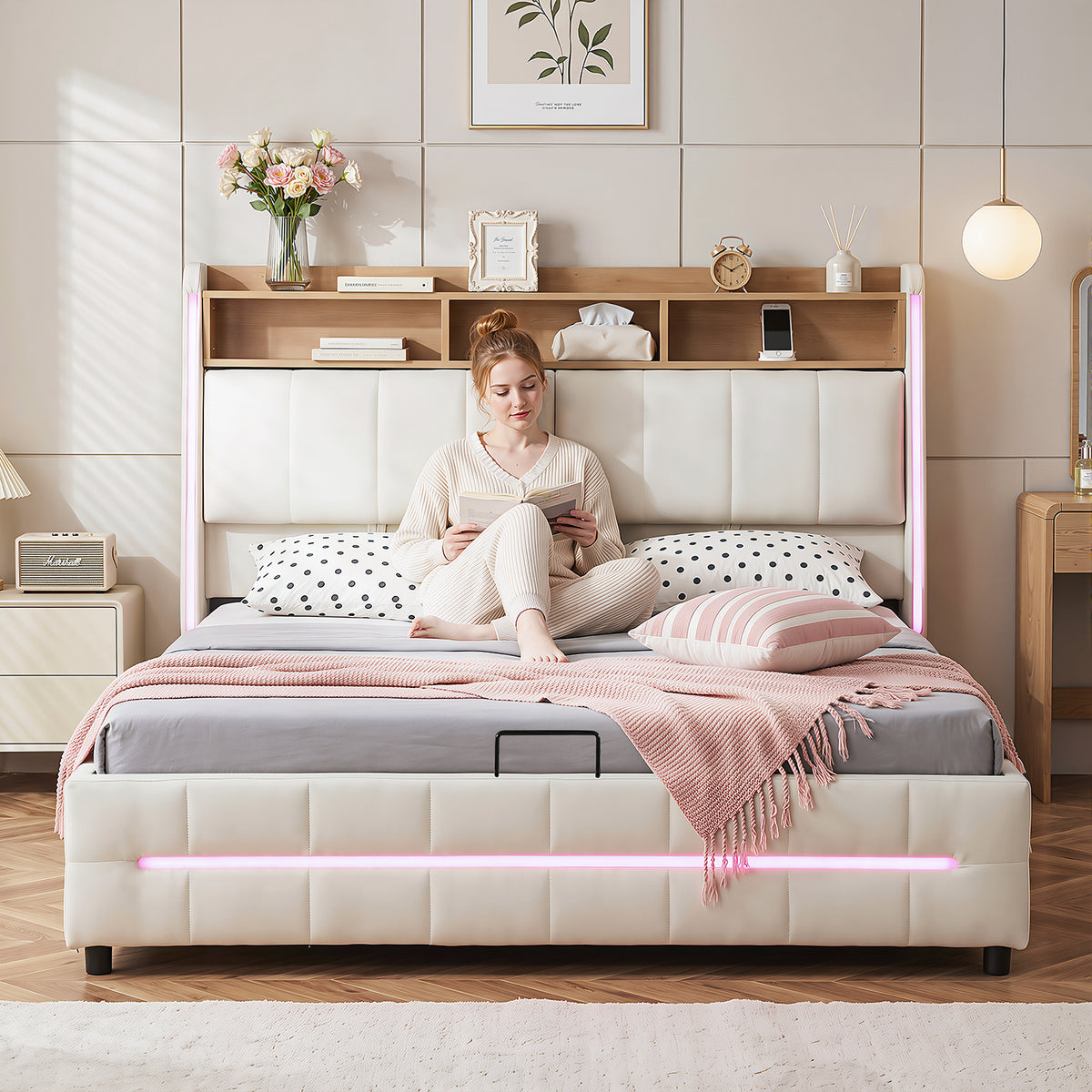 OYAJIA Upholstered Storage Bed with RGB LED, Bluetooth Speaker & USB-C