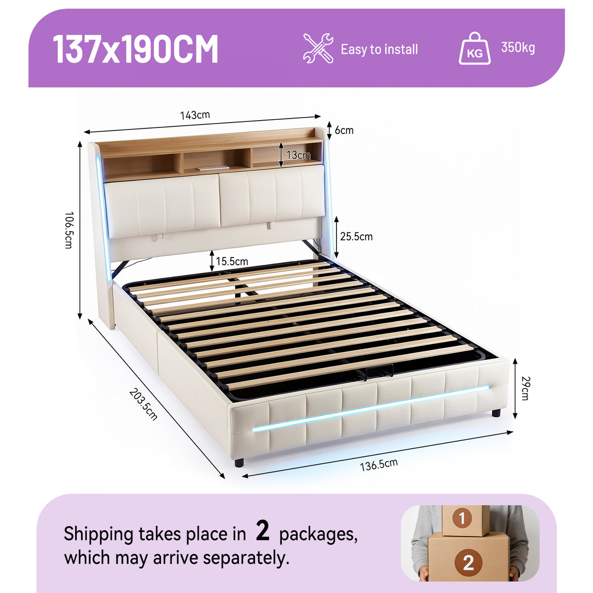 OYAJIA Upholstered Storage Bed with RGB LED, Bluetooth Speaker & USB-C