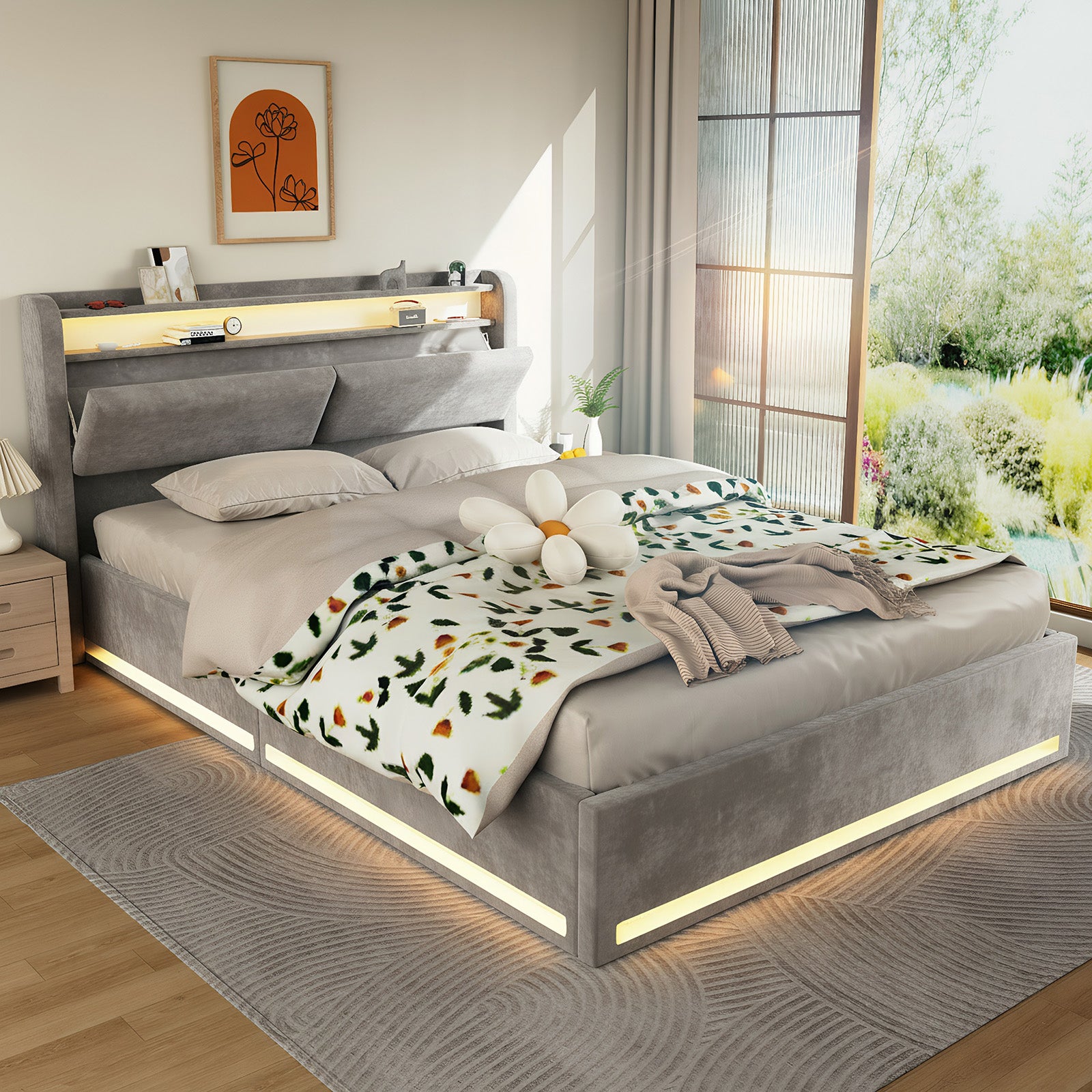 OYAJIA Upholstered Storage Bed Frame with Wingback Headboard and Hydraulic Lift