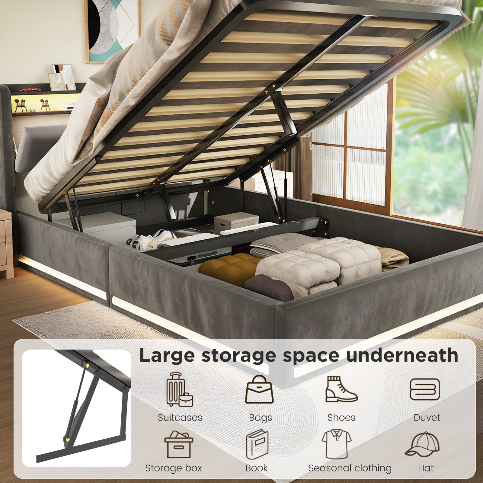 OYAJIA Upholstered Storage Bed Frame with Wingback Headboard and Hydraulic Lift