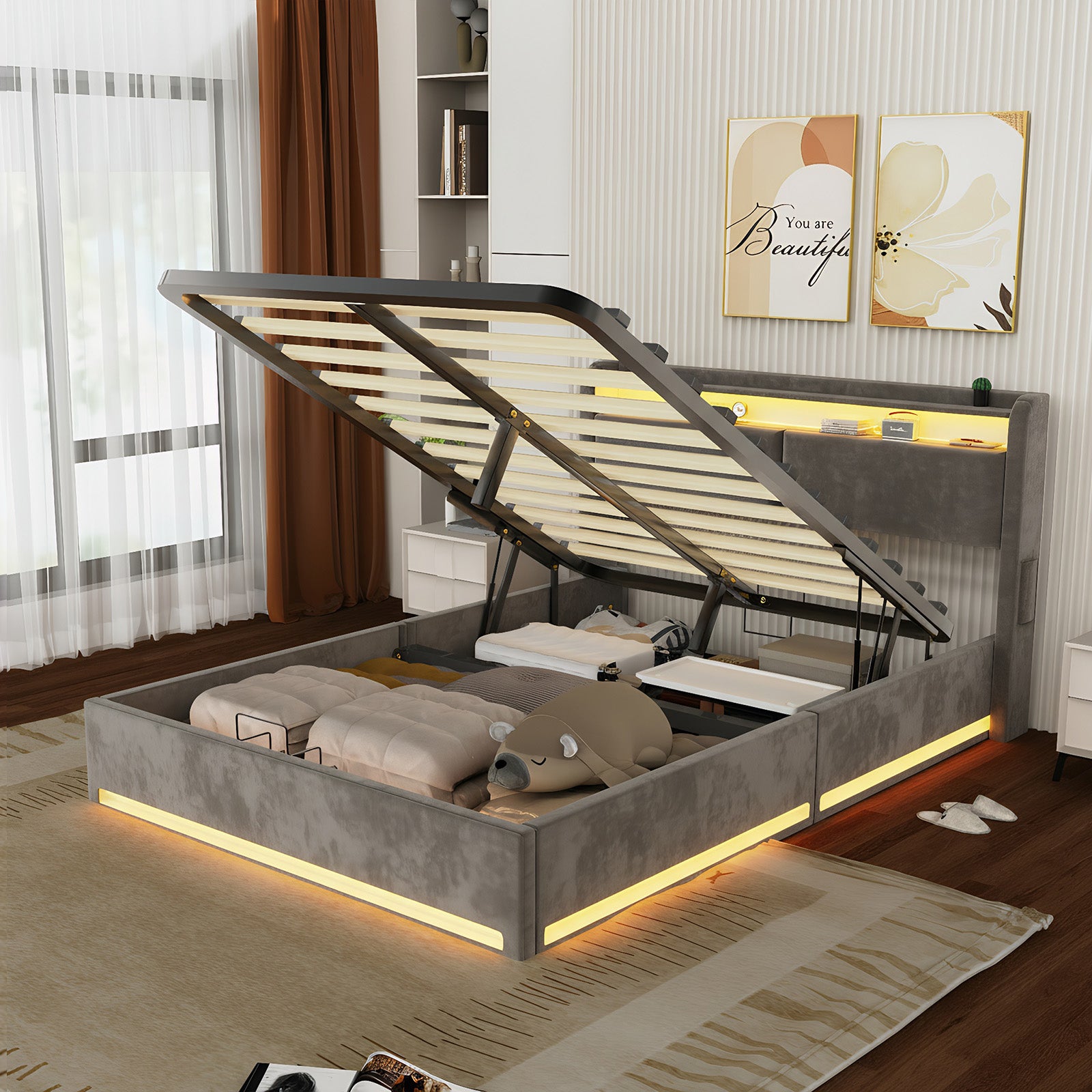 OYAJIA Upholstered Storage Bed Frame with Wingback Headboard and Hydraulic Lift