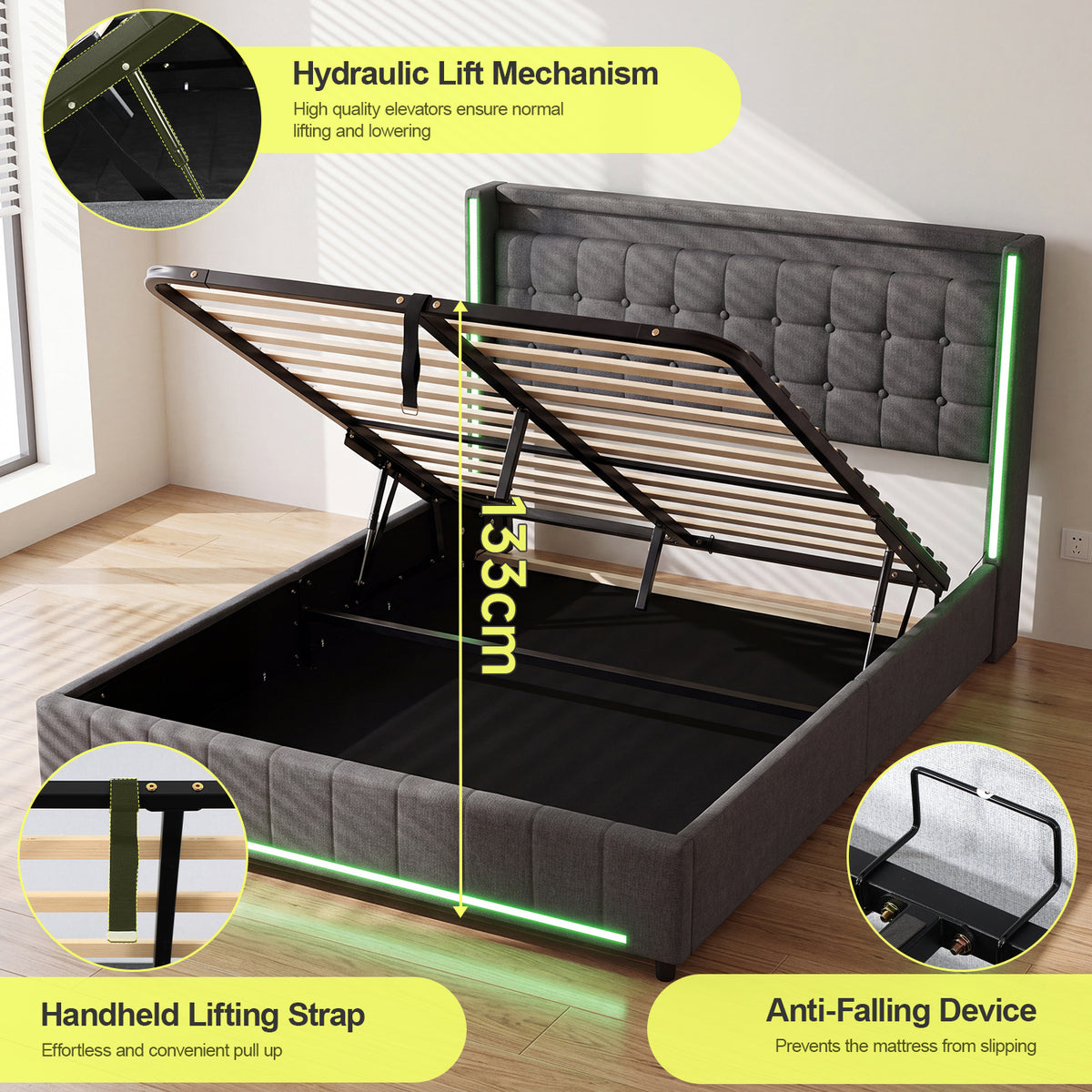 OYAJIA Modern Linen Bed Frame with RGB Lighting & Lift-Up Storage