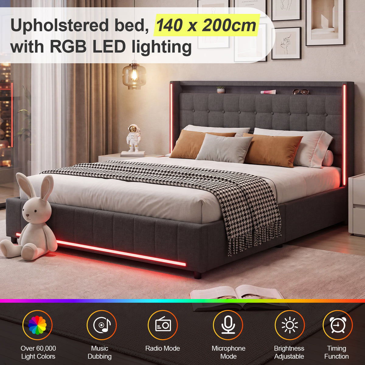 OYAJIA Modern Linen Bed Frame with RGB Lighting & Lift-Up Storage