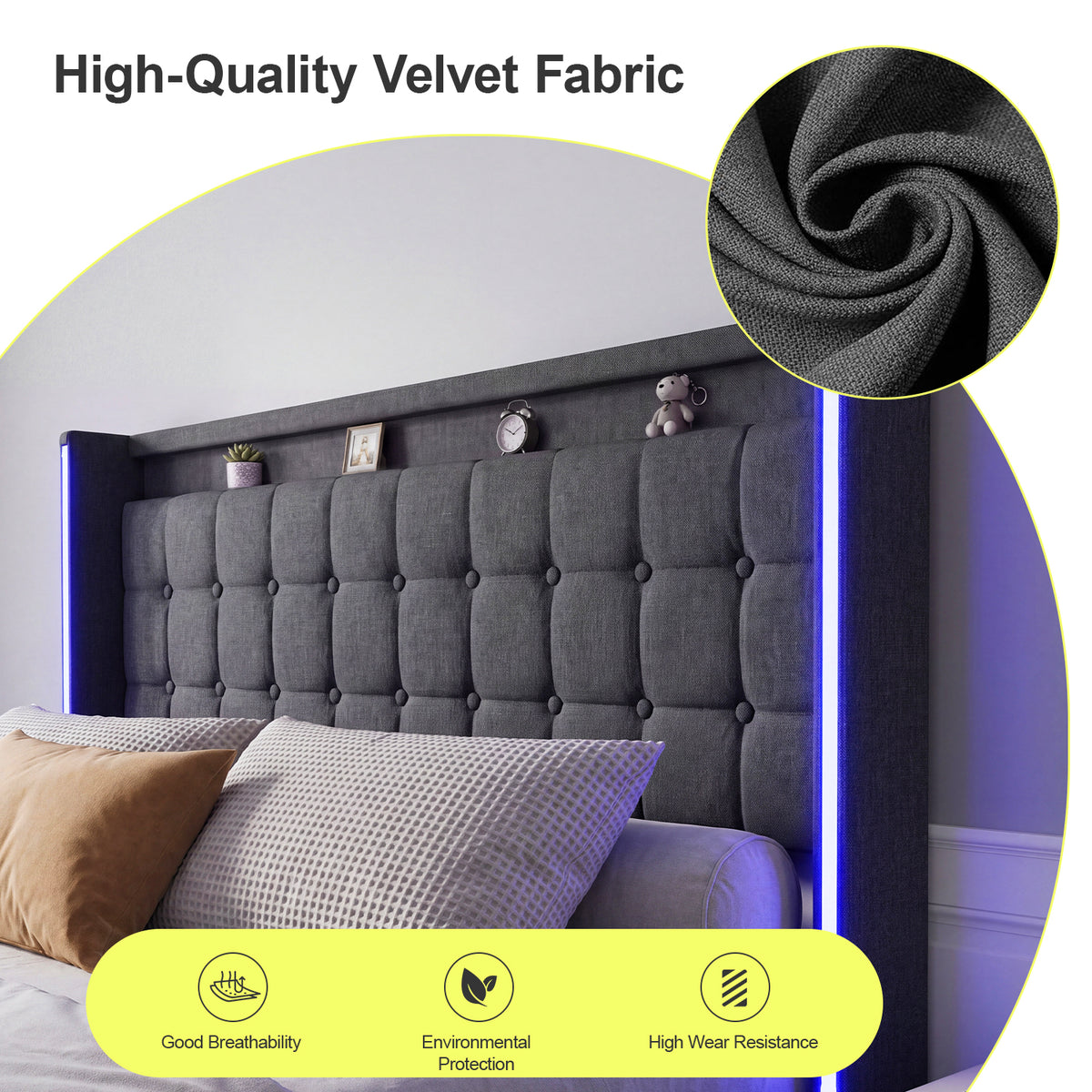 OYAJIA Modern Linen Bed Frame with RGB Lighting & Lift-Up Storage