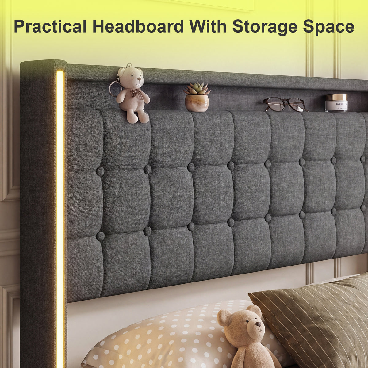 OYAJIA Modern Linen Bed Frame with RGB Lighting & Lift-Up Storage