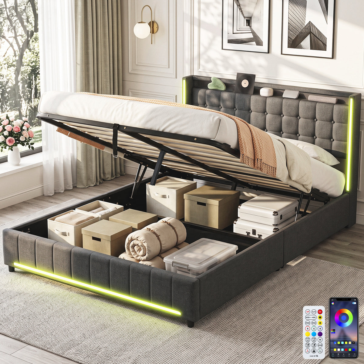 OYAJIA Modern Linen Bed Frame with RGB Lighting & Lift-Up Storage