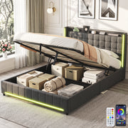OYAJIA Modern Linen Bed Frame with RGB Lighting & Lift-Up Storage