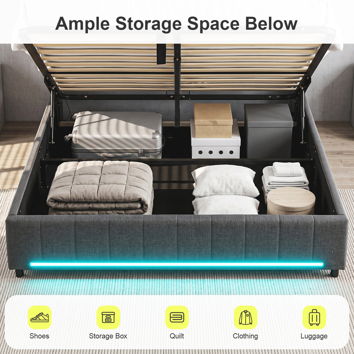OYAJIA Modern Linen Bed Frame with RGB Lighting & Lift-Up Storage