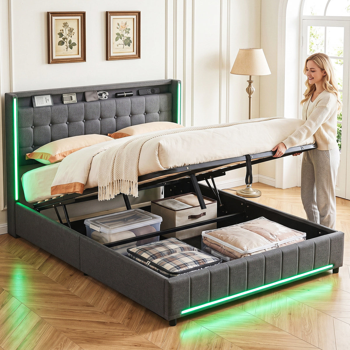 OYAJIA Modern Linen Bed Frame with RGB Lighting & Lift-Up Storage