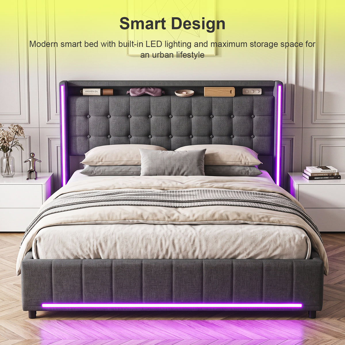 OYAJIA Modern Linen Bed Frame with RGB Lighting & Lift-Up Storage