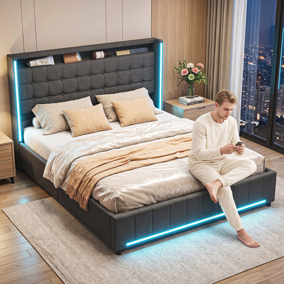 OYAJIA Modern Linen Bed Frame with RGB Lighting & Lift-Up Storage