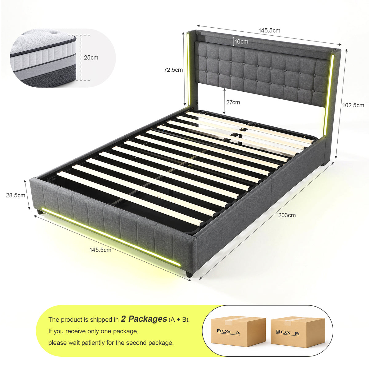 OYAJIA Modern Linen Bed Frame with RGB Lighting & Lift-Up Storage