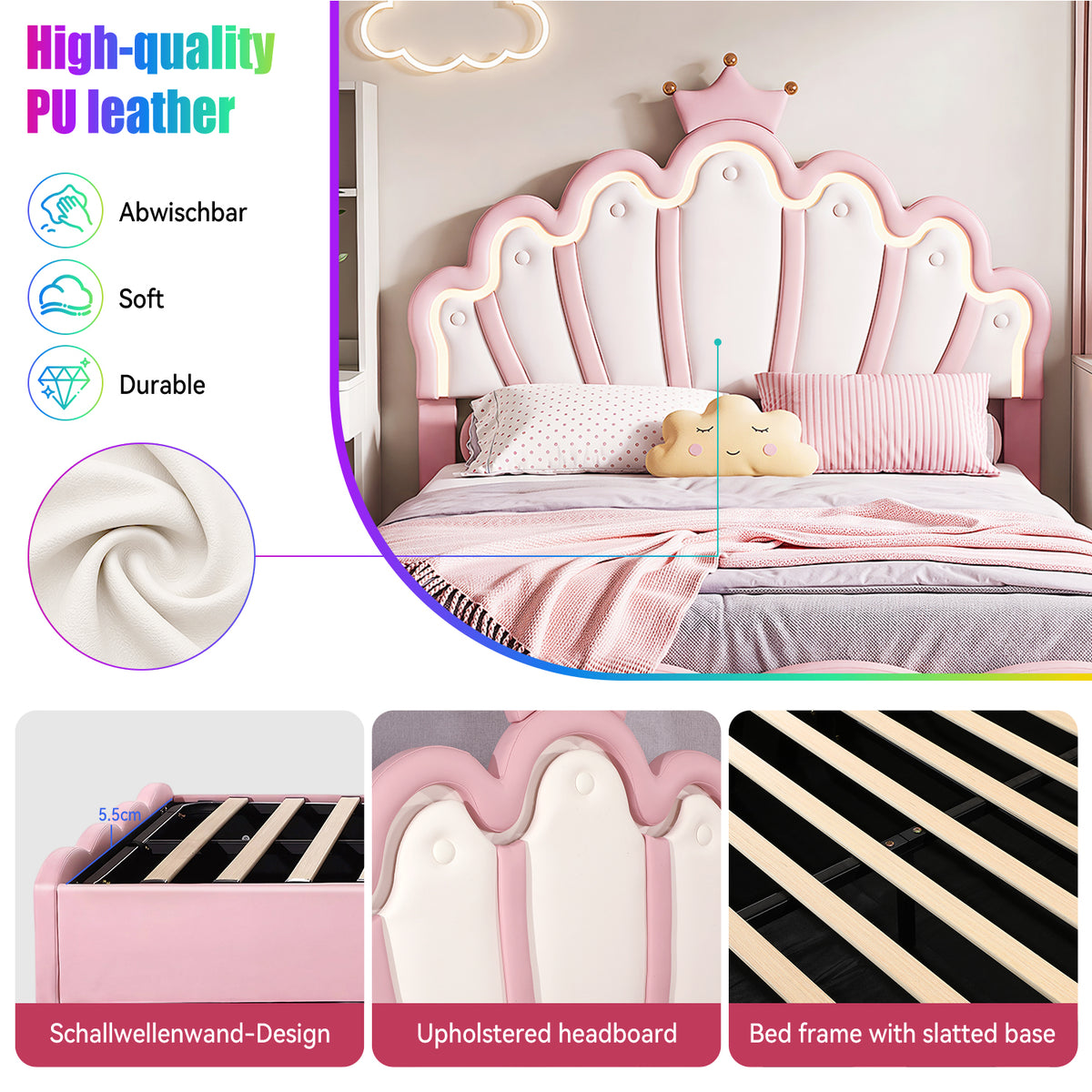 OYAJIA Princess Upholstered Bed Frame with Crown Headboard