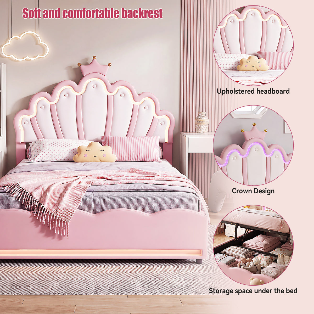 OYAJIA Princess Upholstered Bed Frame with Crown Headboard