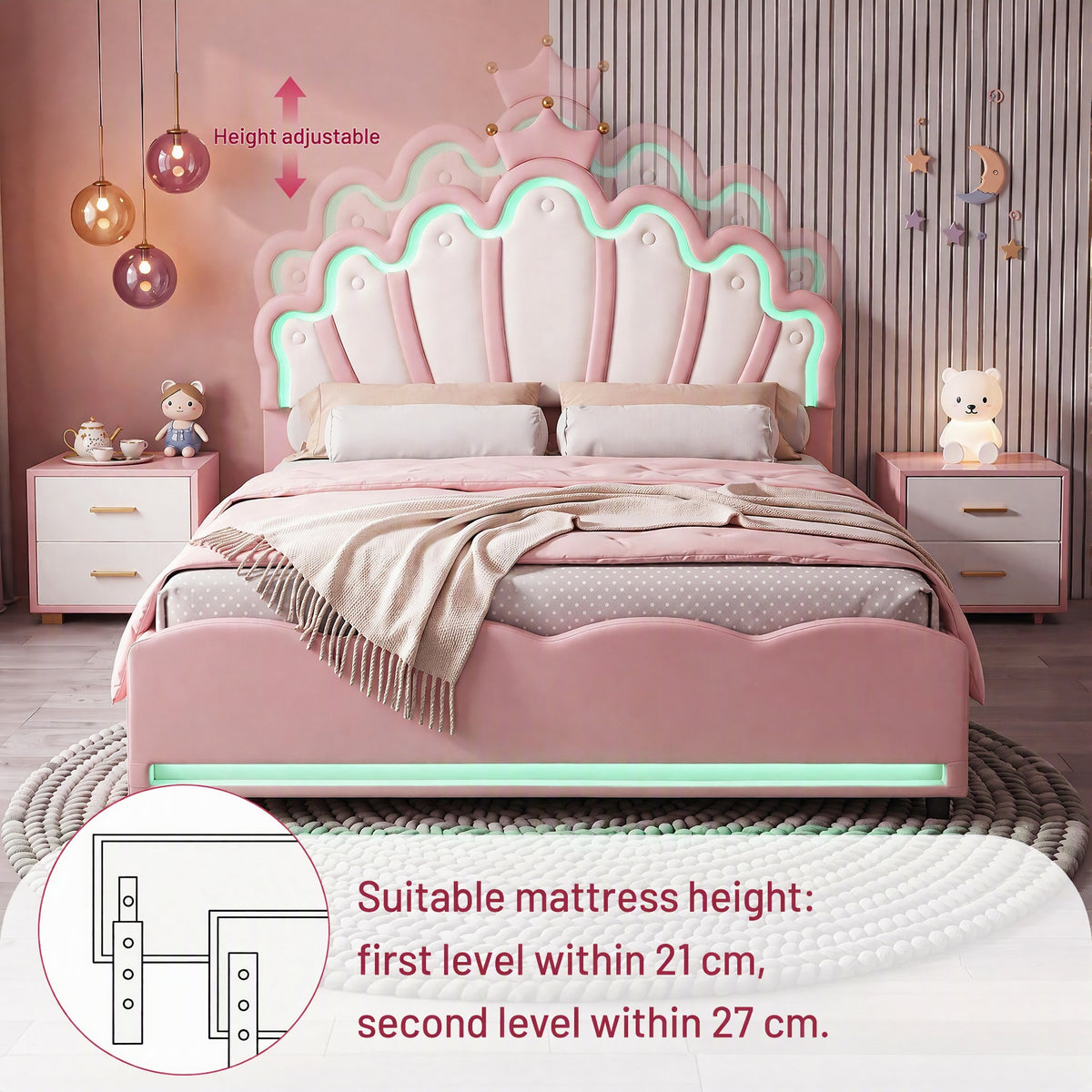 OYAJIA Princess Upholstered Bed Frame with Crown Headboard