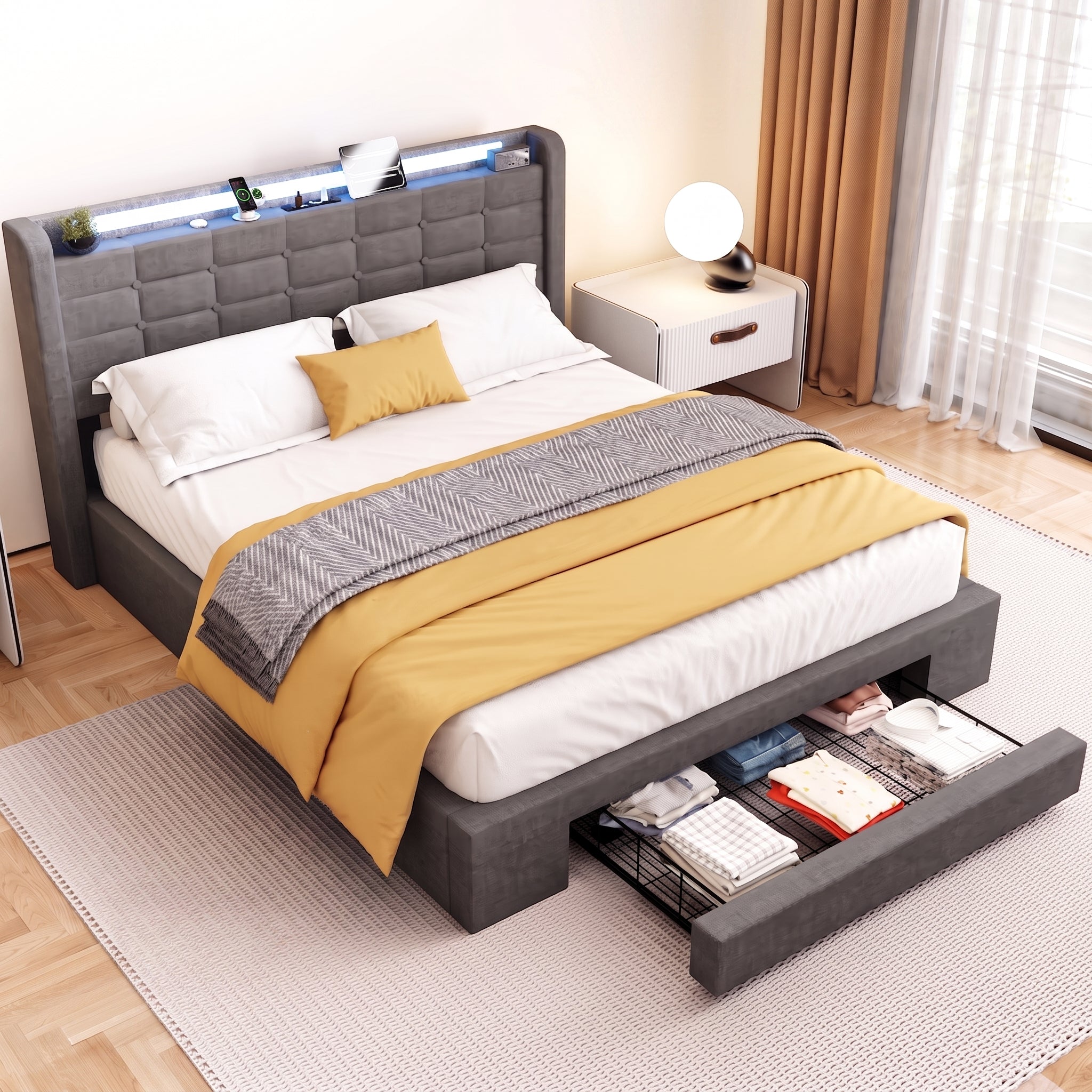 OYAJIA Upholstered Storage Bed Frame with Drawer, RGB LED, and Charging Station
