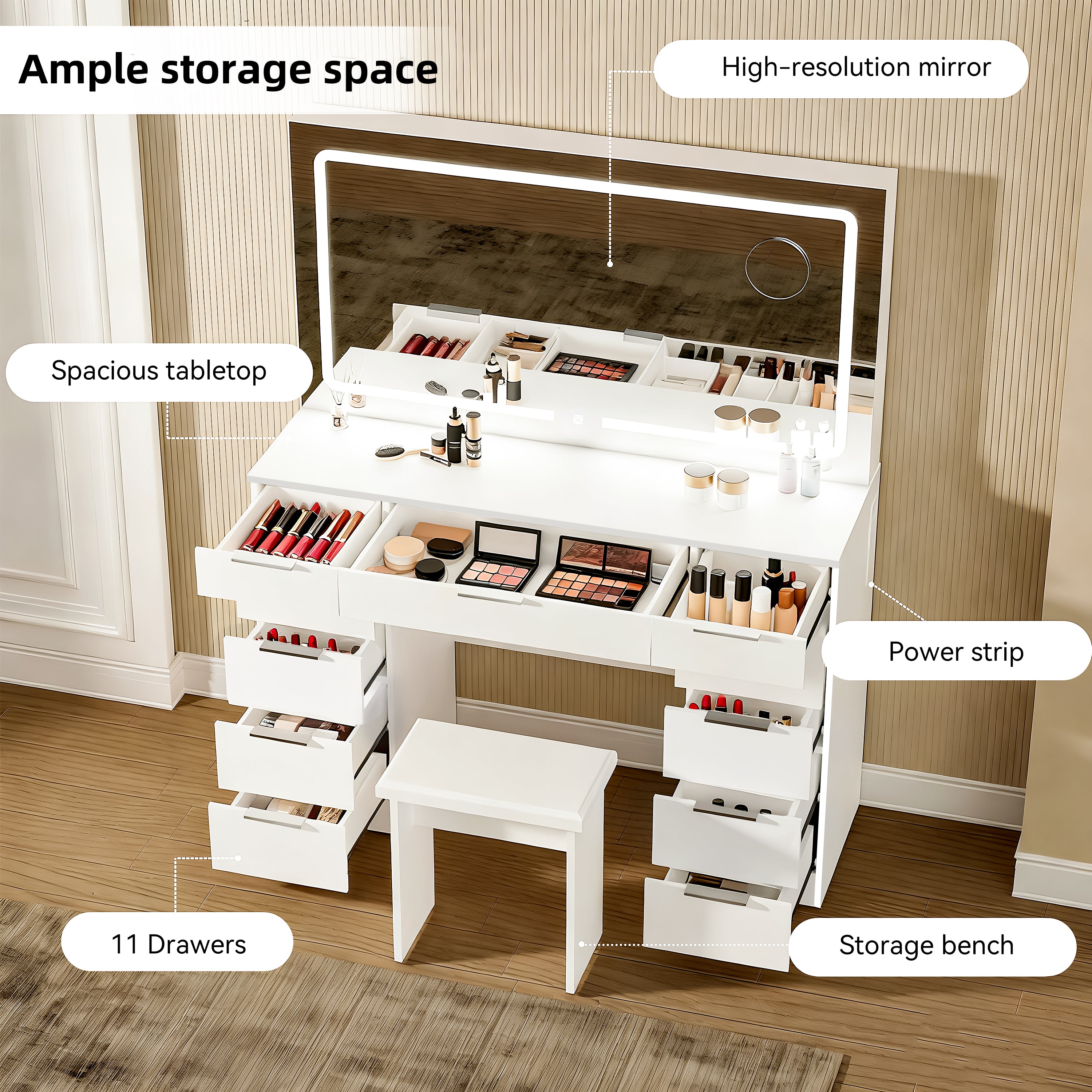 OYAJIA Modern Dressing Table with Mirror and Practical Bedroom Storage