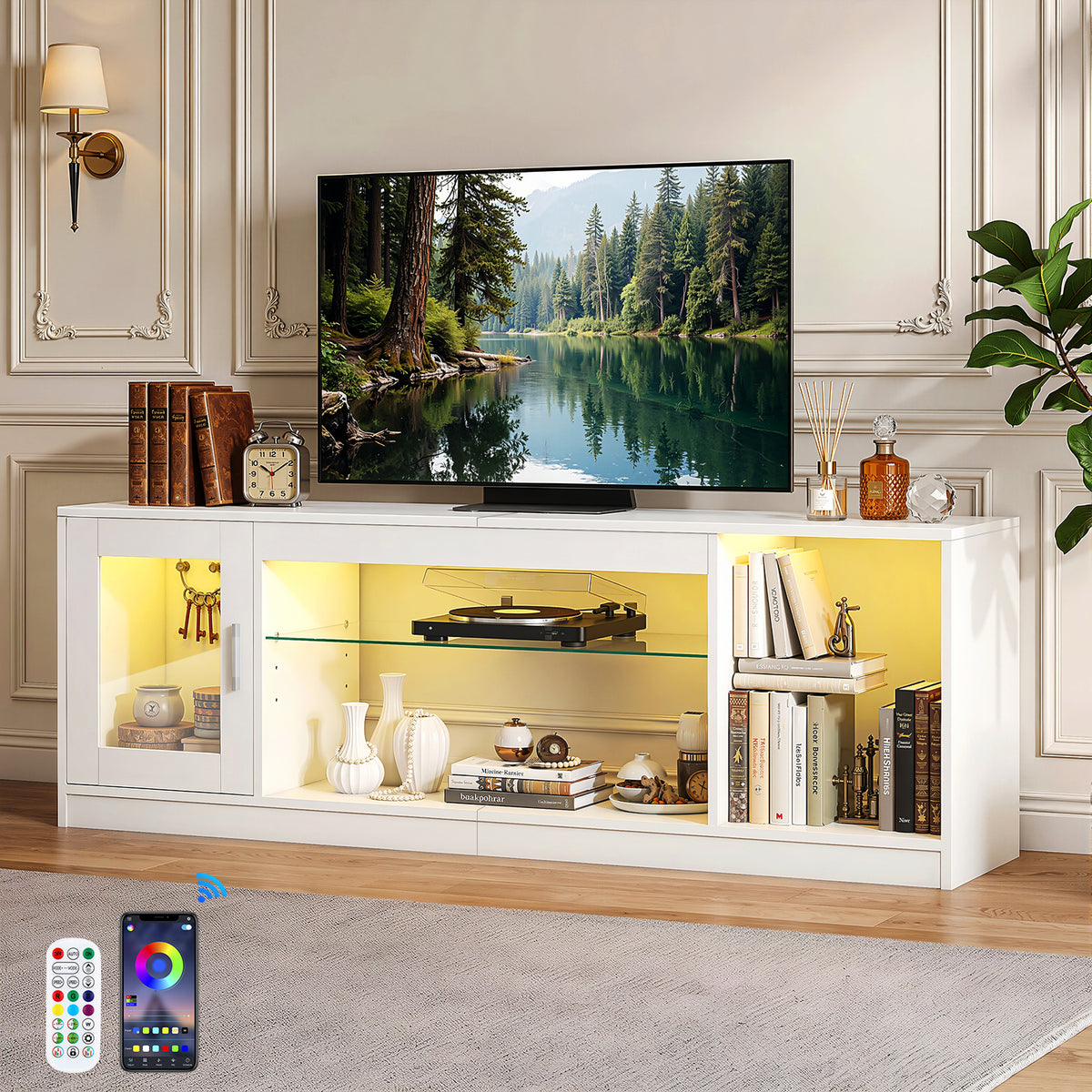 OYAJIA Meuble TV avec lumières LED RVB, étagères de rangement et armoire