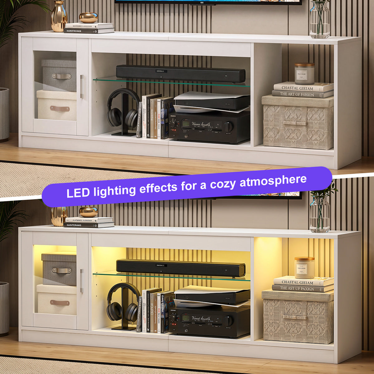 OYAJIA Meuble TV avec lumières LED RVB, étagères de rangement et armoire