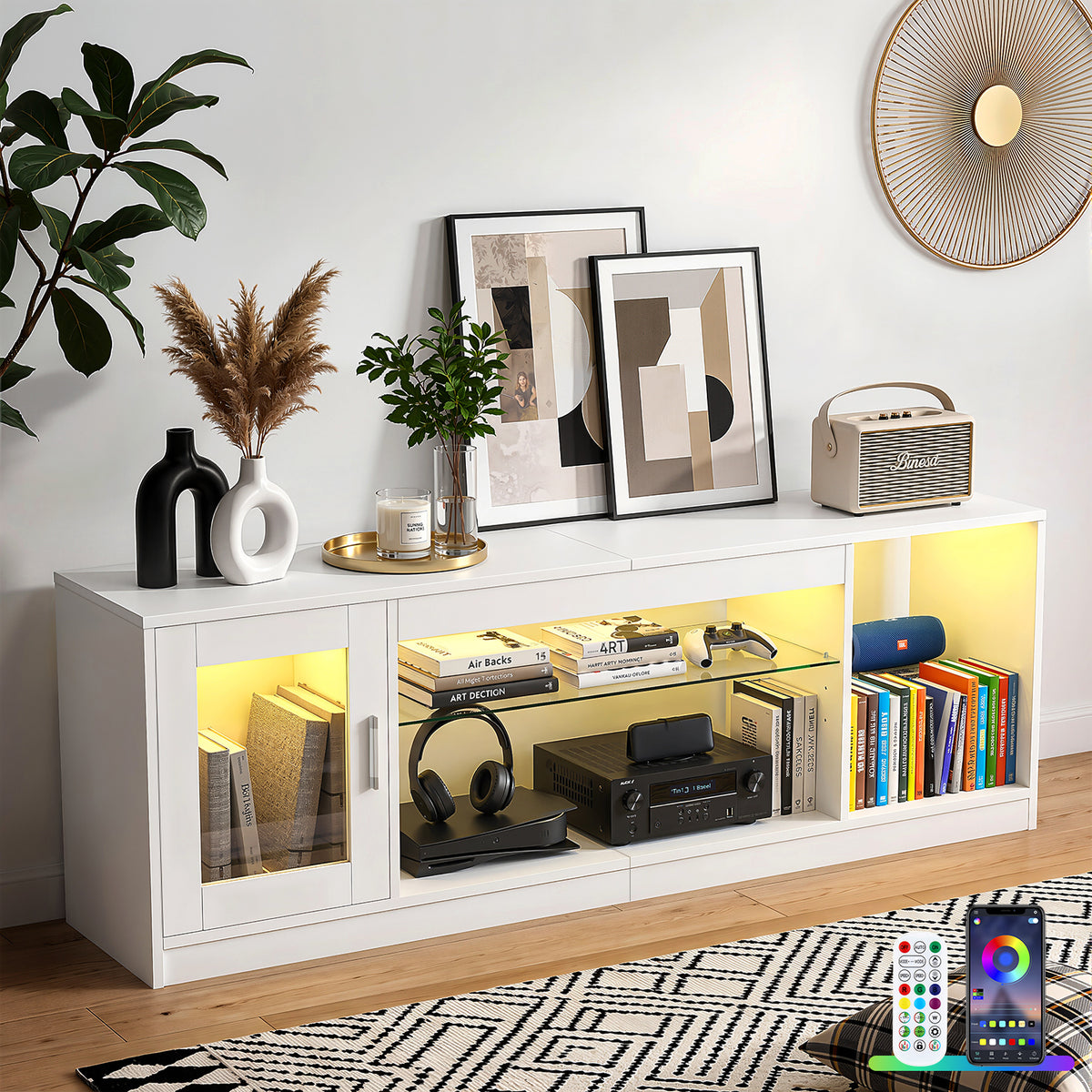 OYAJIA Meuble TV avec lumières LED RVB, étagères de rangement et armoire