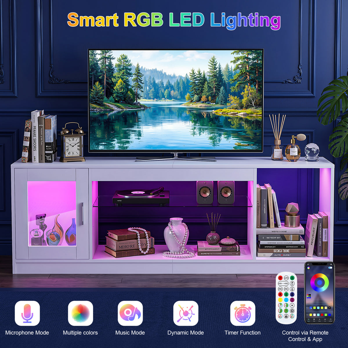 OYAJIA Meuble TV avec lumières LED RVB, étagères de rangement et armoire
