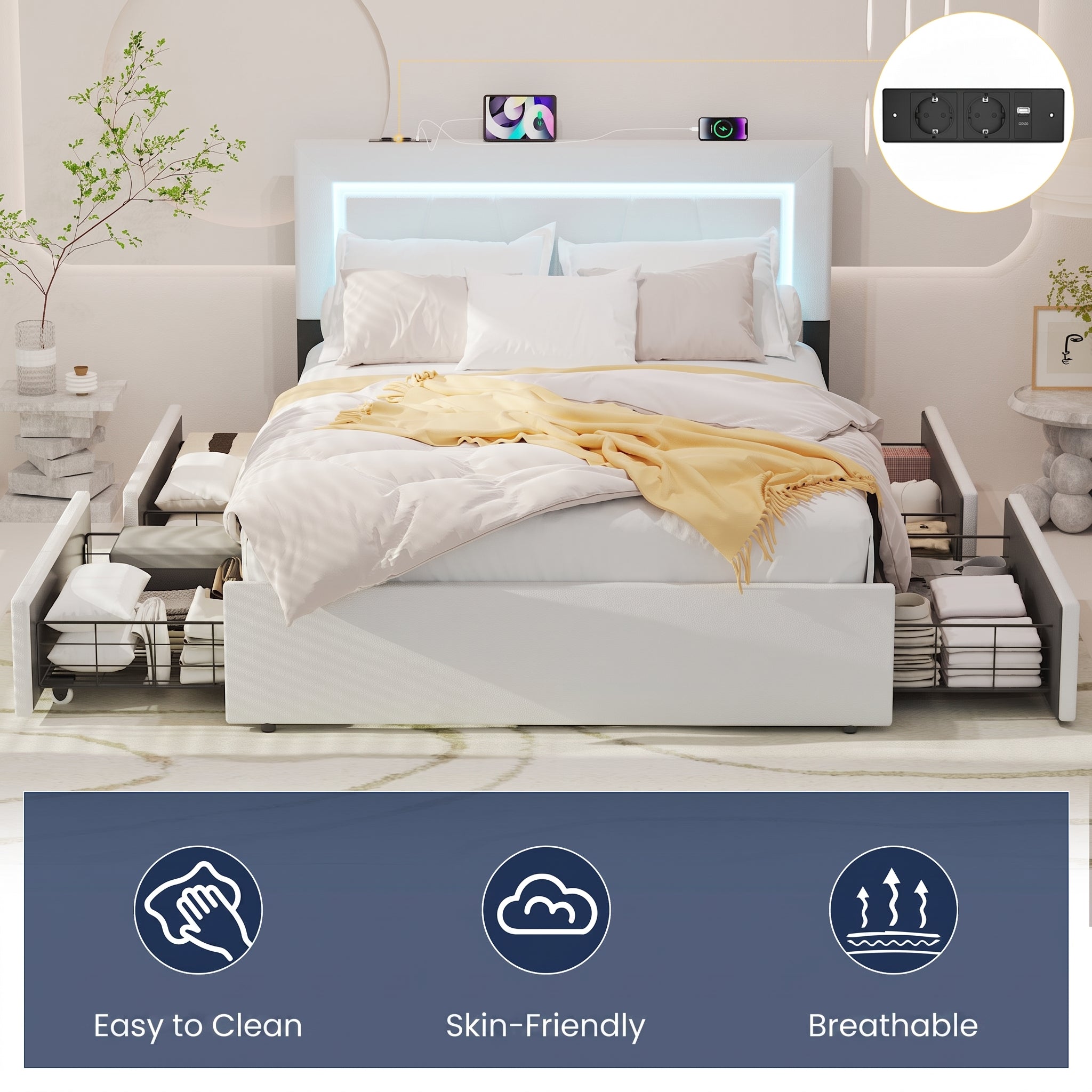 OYAJIA Upholstered Bed with Four Drawers, LED Headboard and USB Charging