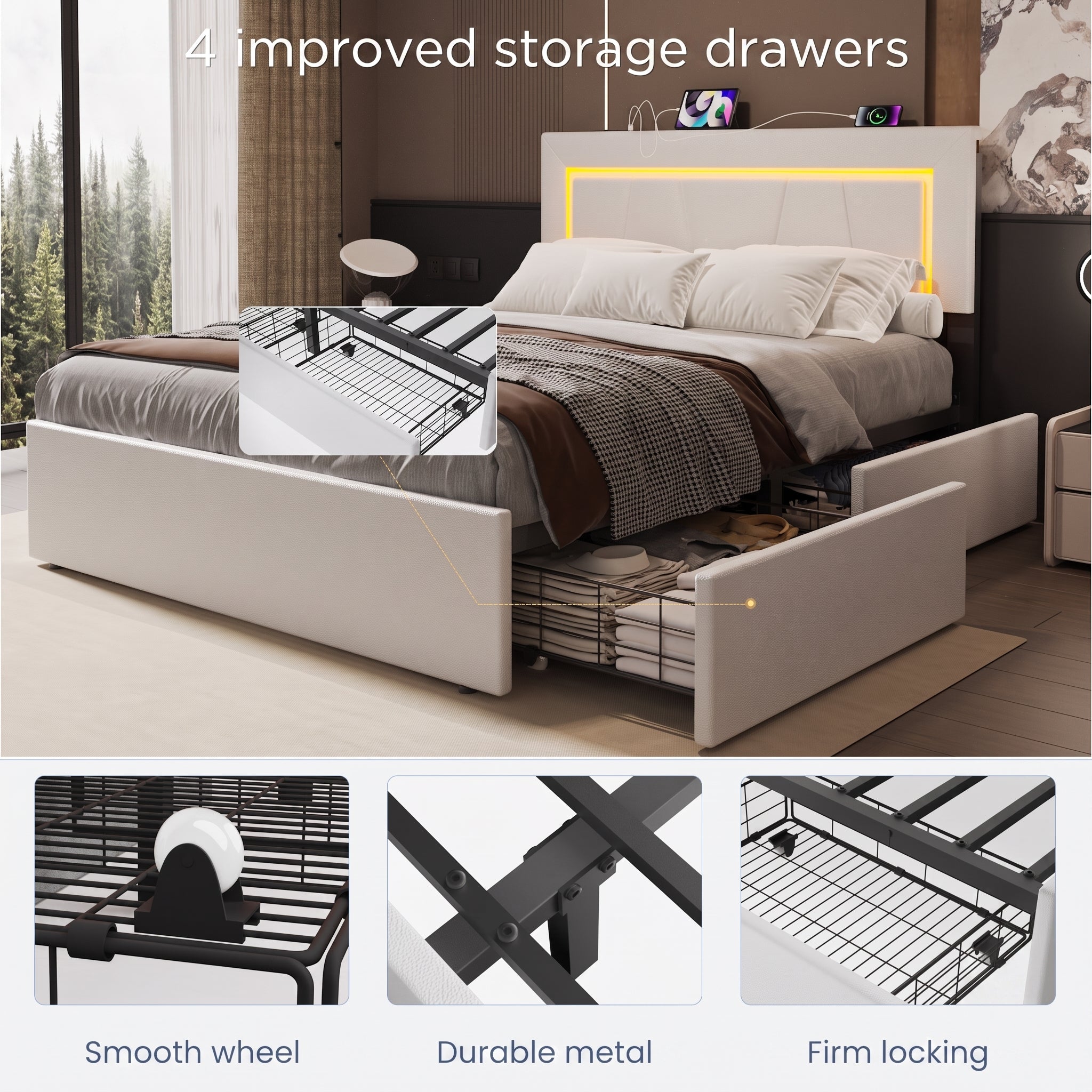 OYAJIA Upholstered Bed with Four Drawers, LED Headboard and USB Charging