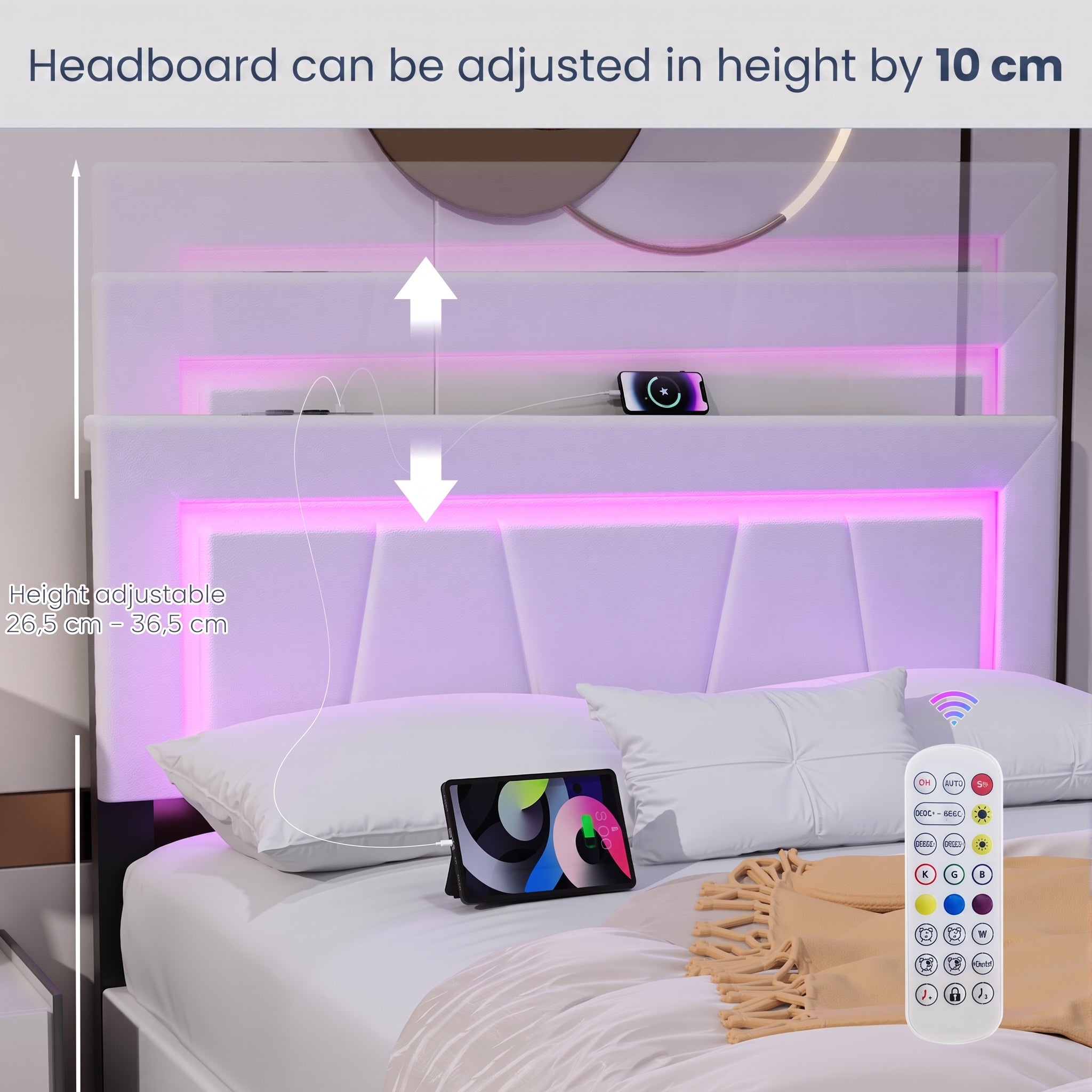 OYAJIA Upholstered Bed with Four Drawers, LED Headboard and USB Charging