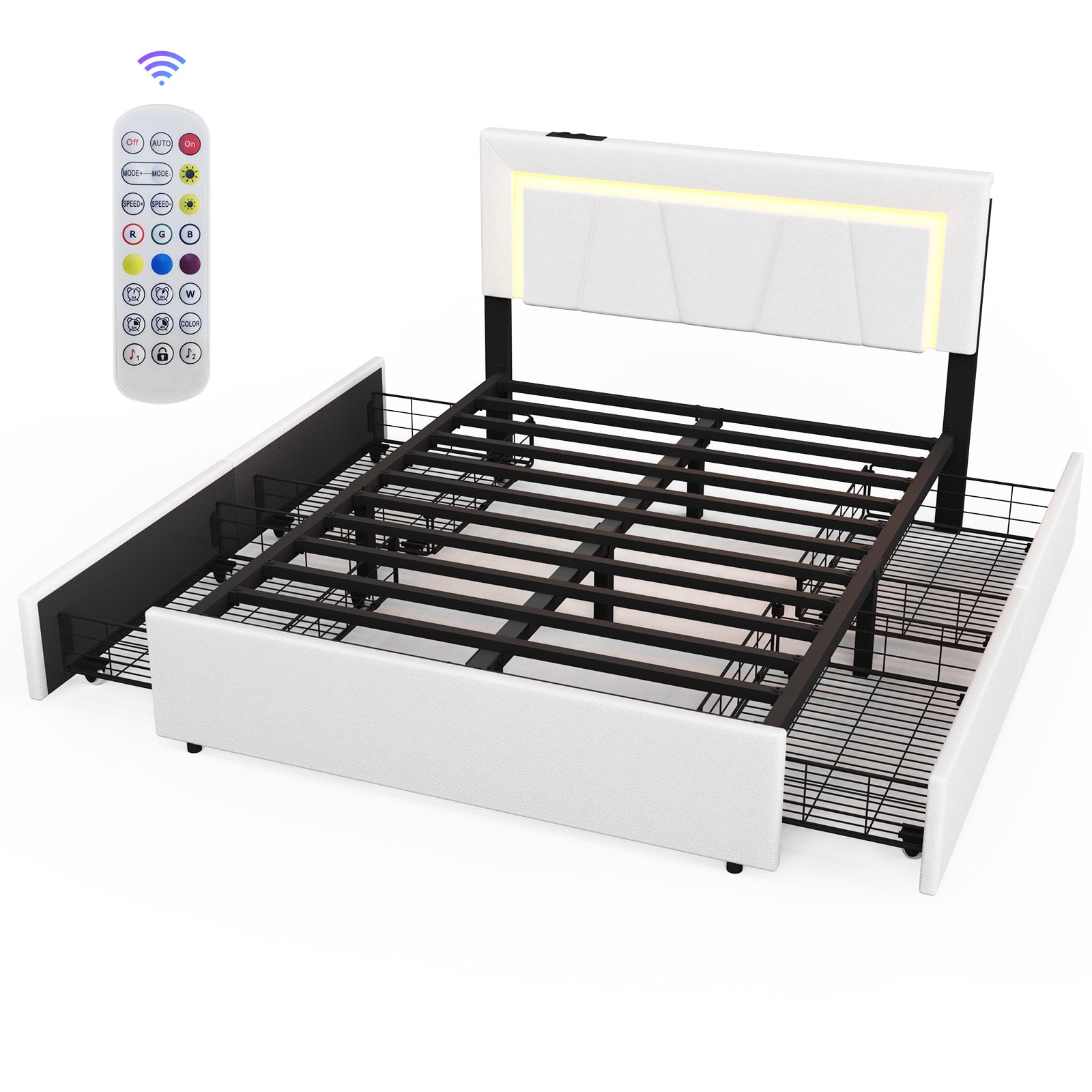 OYAJIA Upholstered Bed with Four Drawers, LED Headboard and USB Charging