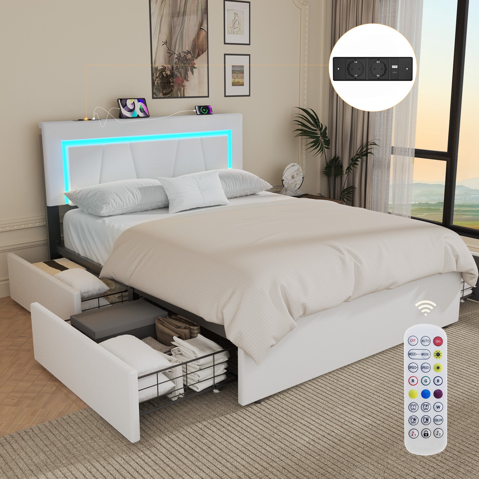 OYAJIA Upholstered Bed with Four Drawers, LED Headboard and USB Charging