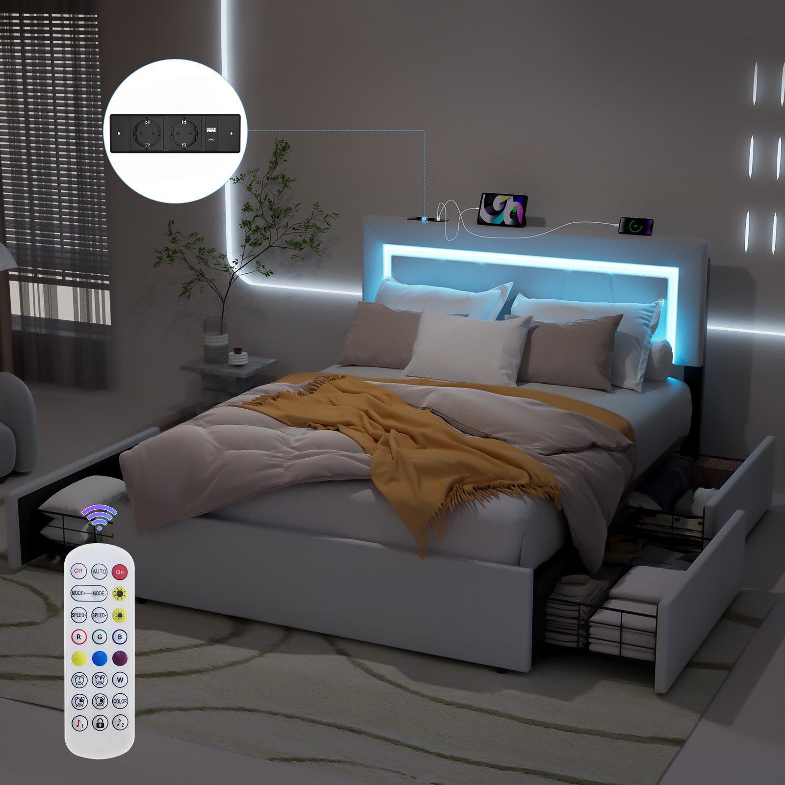 OYAJIA Upholstered Bed with Four Drawers, LED Headboard and USB Charging
