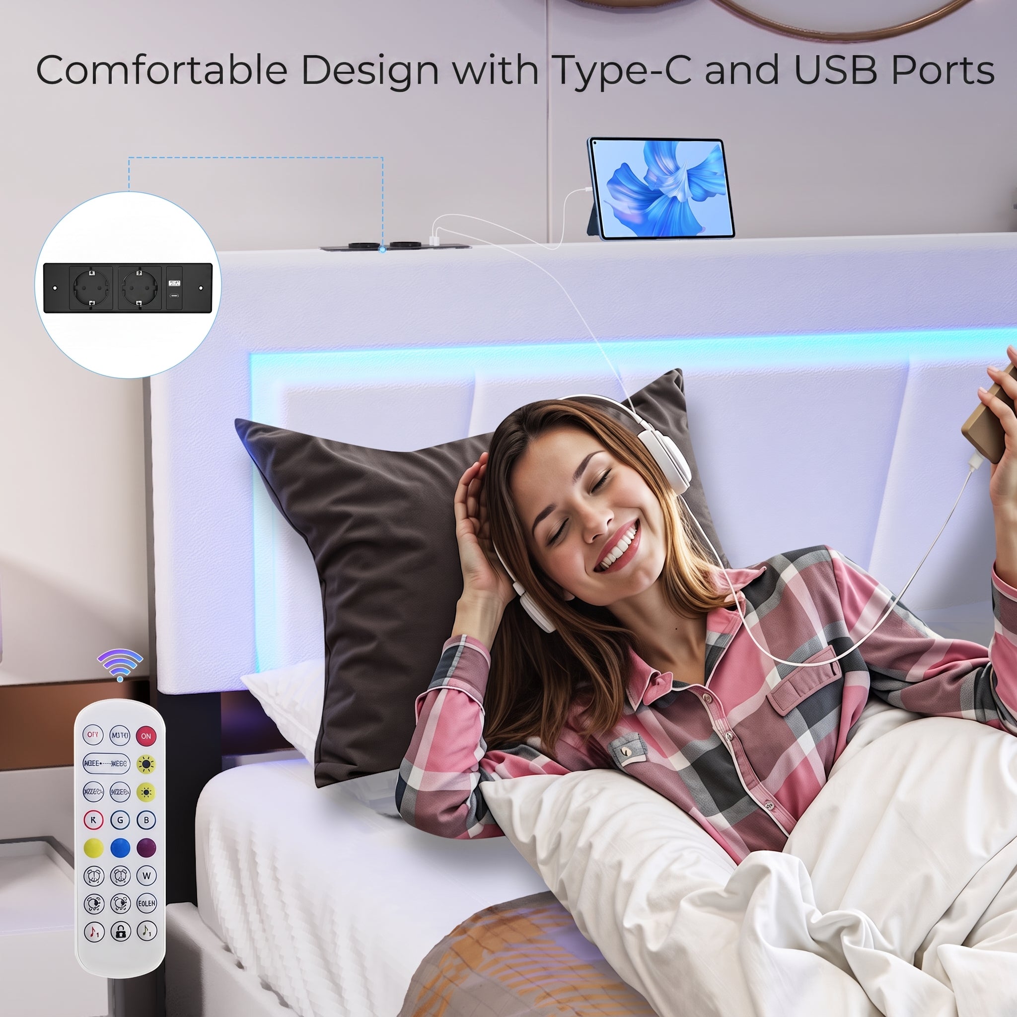 OYAJIA Upholstered Bed with Four Drawers, LED Headboard and USB Charging