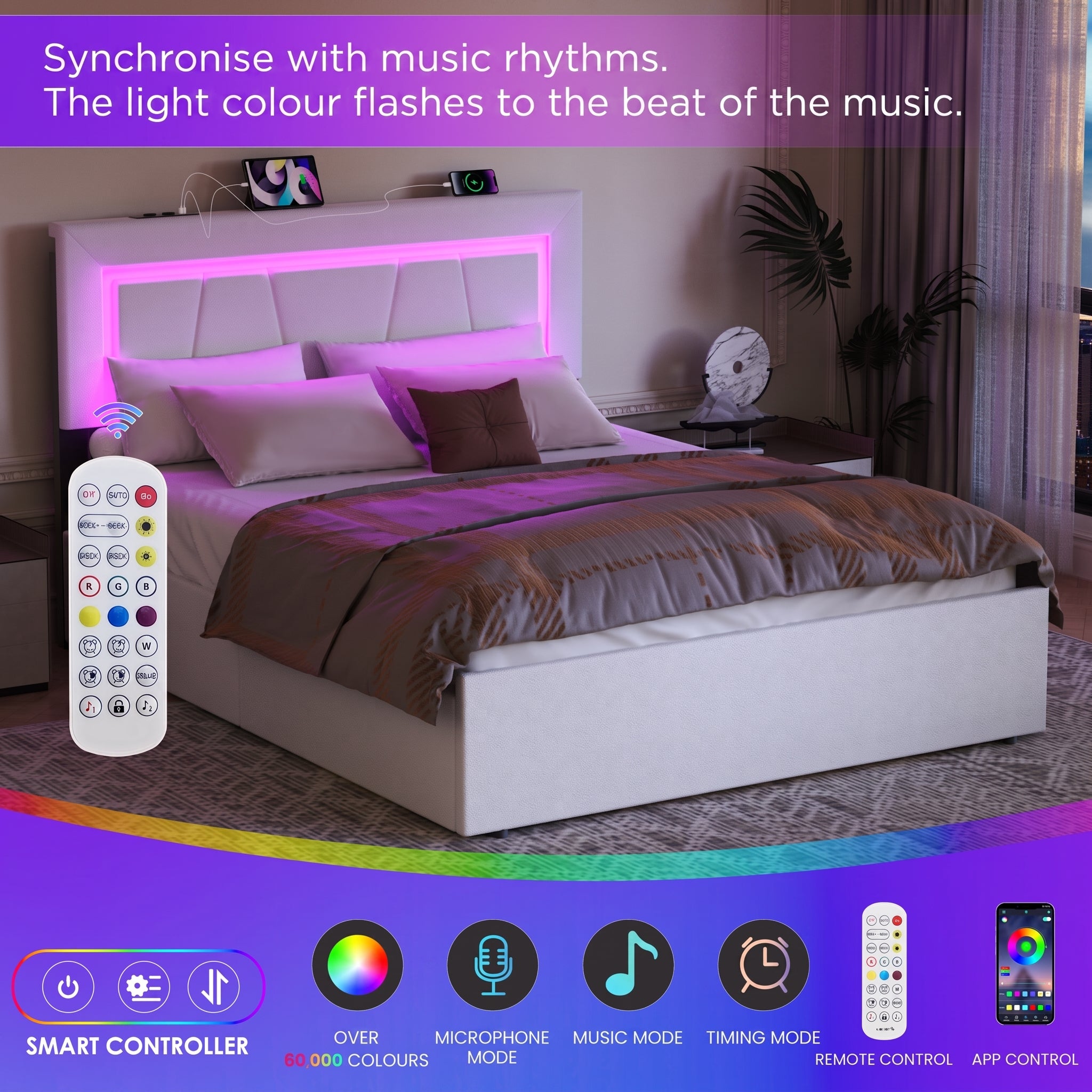 OYAJIA Upholstered Bed with Four Drawers, LED Headboard and USB Charging