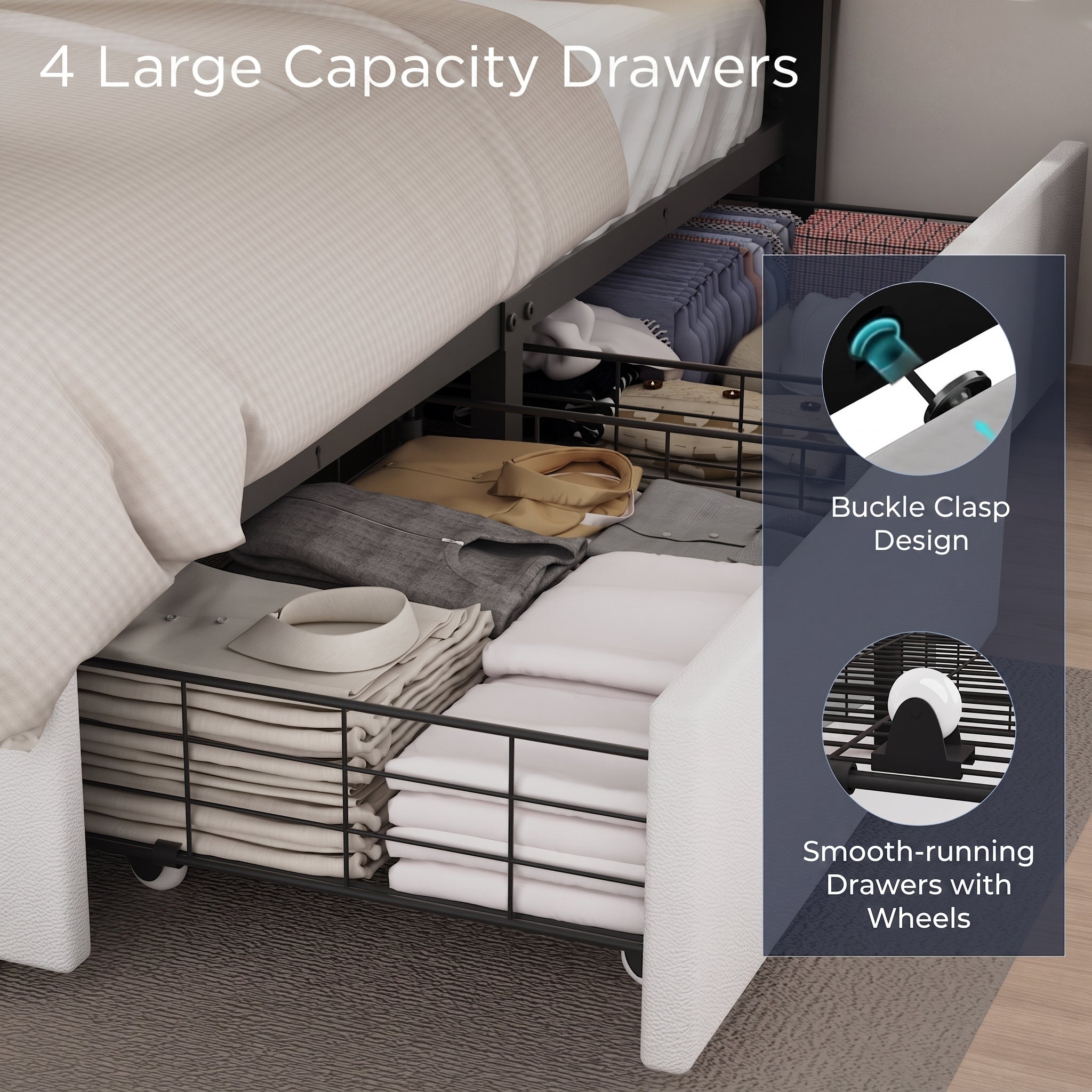 OYAJIA Upholstered Bed with Four Drawers, LED Headboard and USB Charging