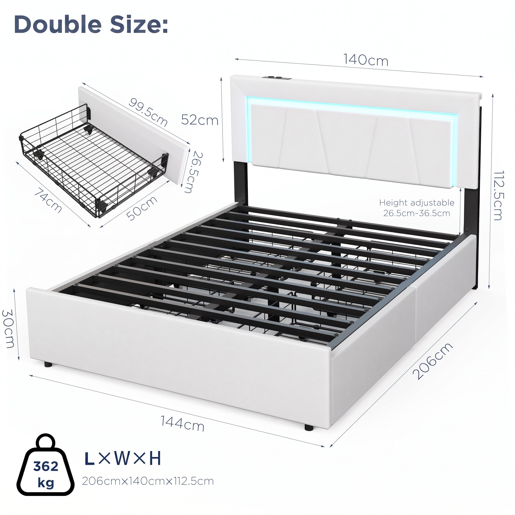 OYAJIA Upholstered Bed with Four Drawers, LED Headboard and USB Charging