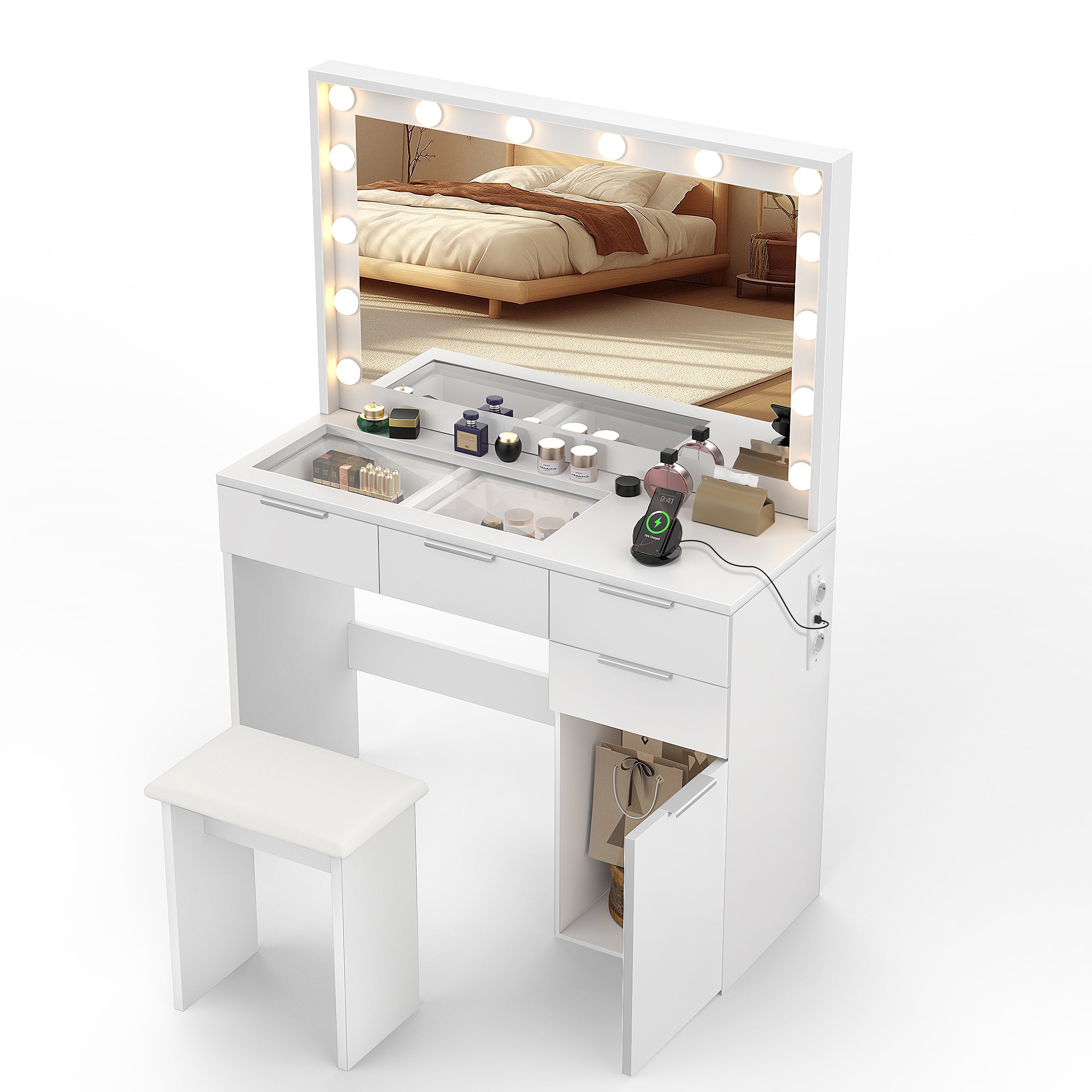 OYAJIA LED Vanity Dressing Table with Mirror, 5 Drawers, Glass Top, Charging Station and Stool