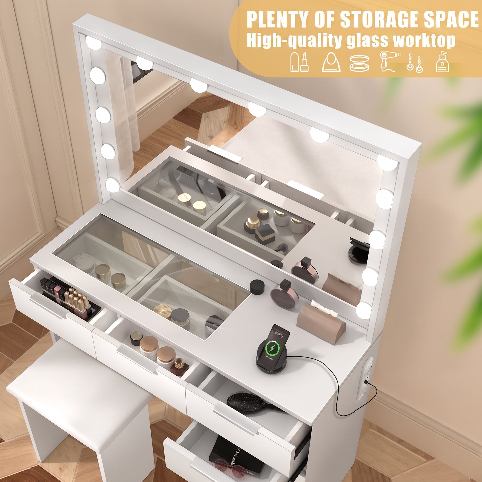 OYAJIA LED Vanity Dressing Table with Mirror, 5 Drawers, Glass Top, Charging Station and Stool