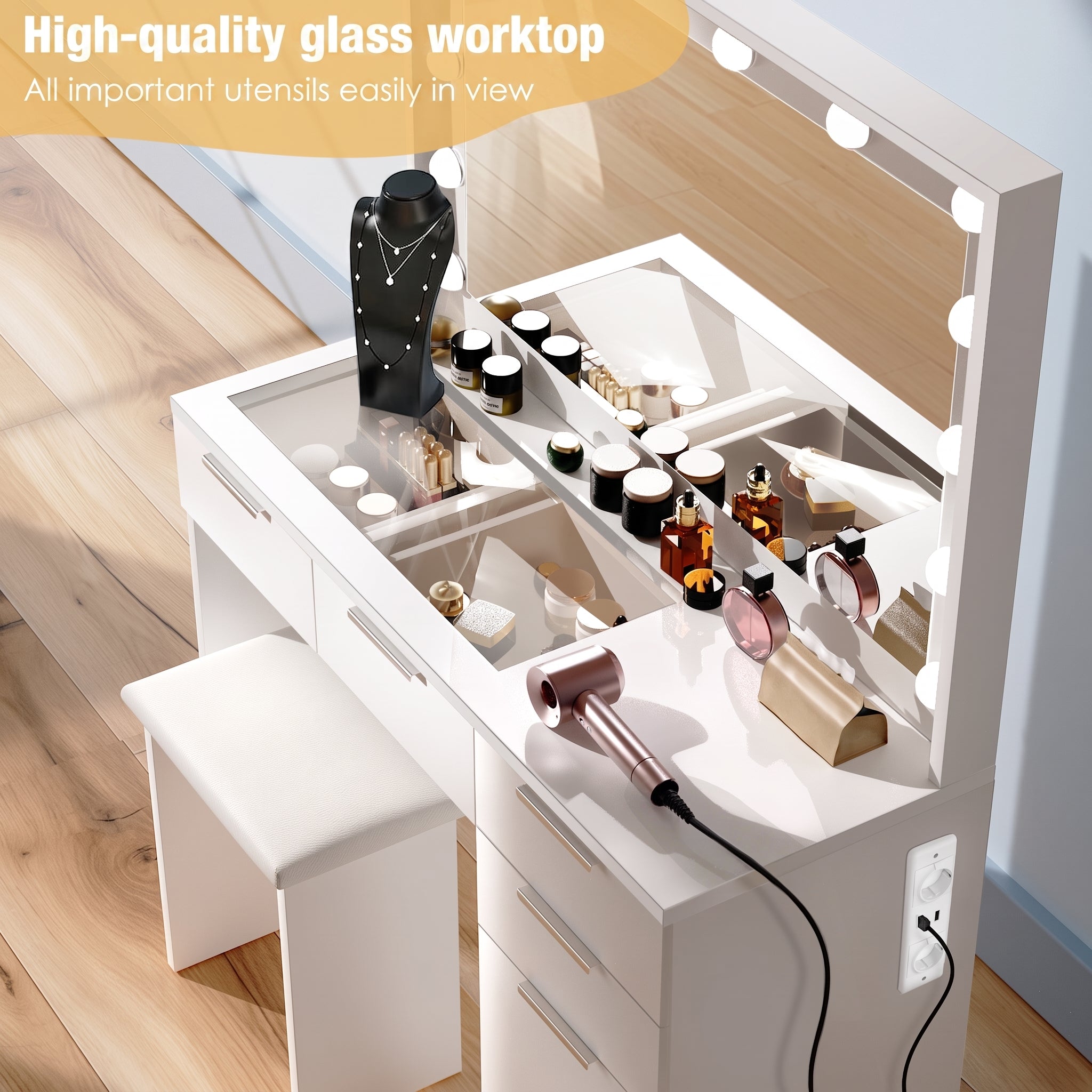 OYAJIA LED Vanity Dressing Table with Mirror, 5 Drawers, Glass Top, Charging Station and Stool