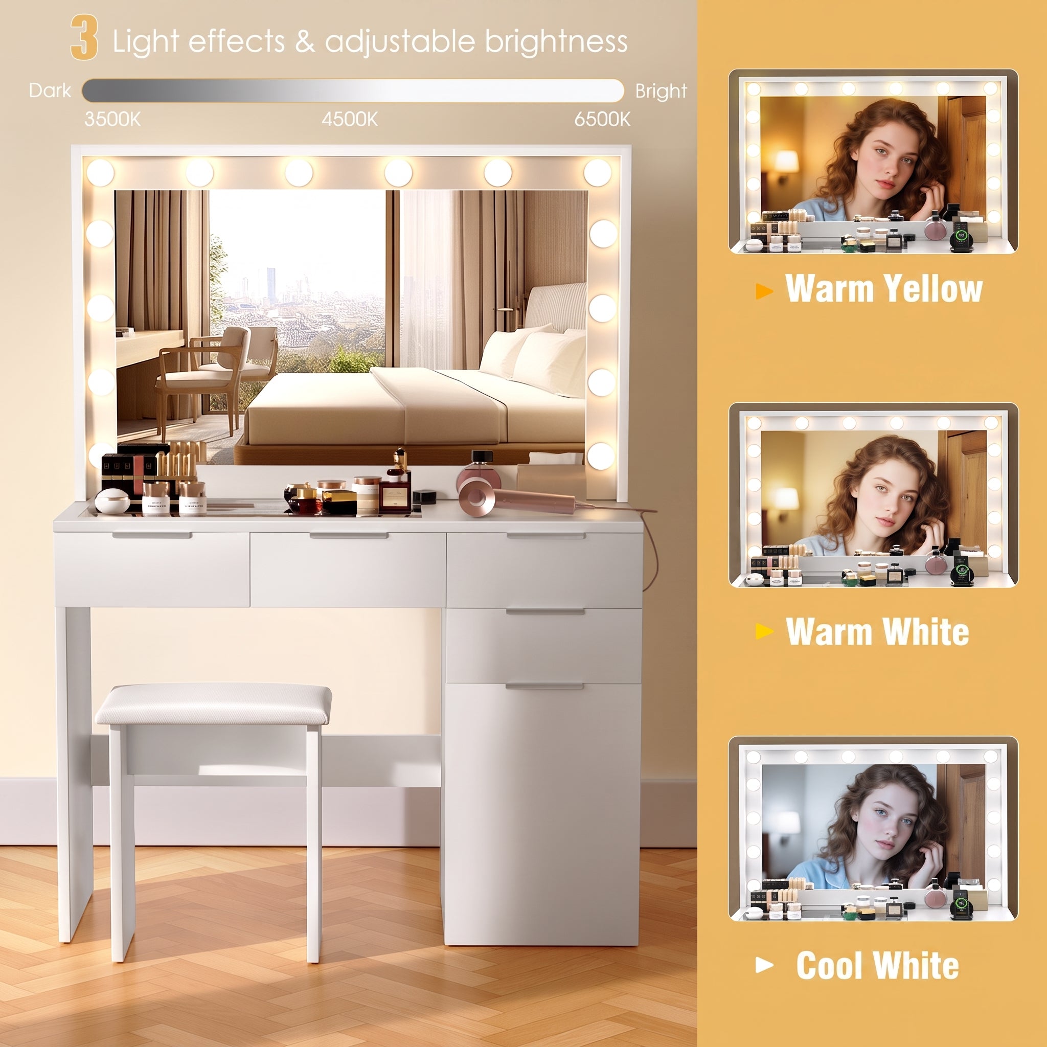 OYAJIA LED Vanity Dressing Table with Mirror, 5 Drawers, Glass Top, Charging Station and Stool