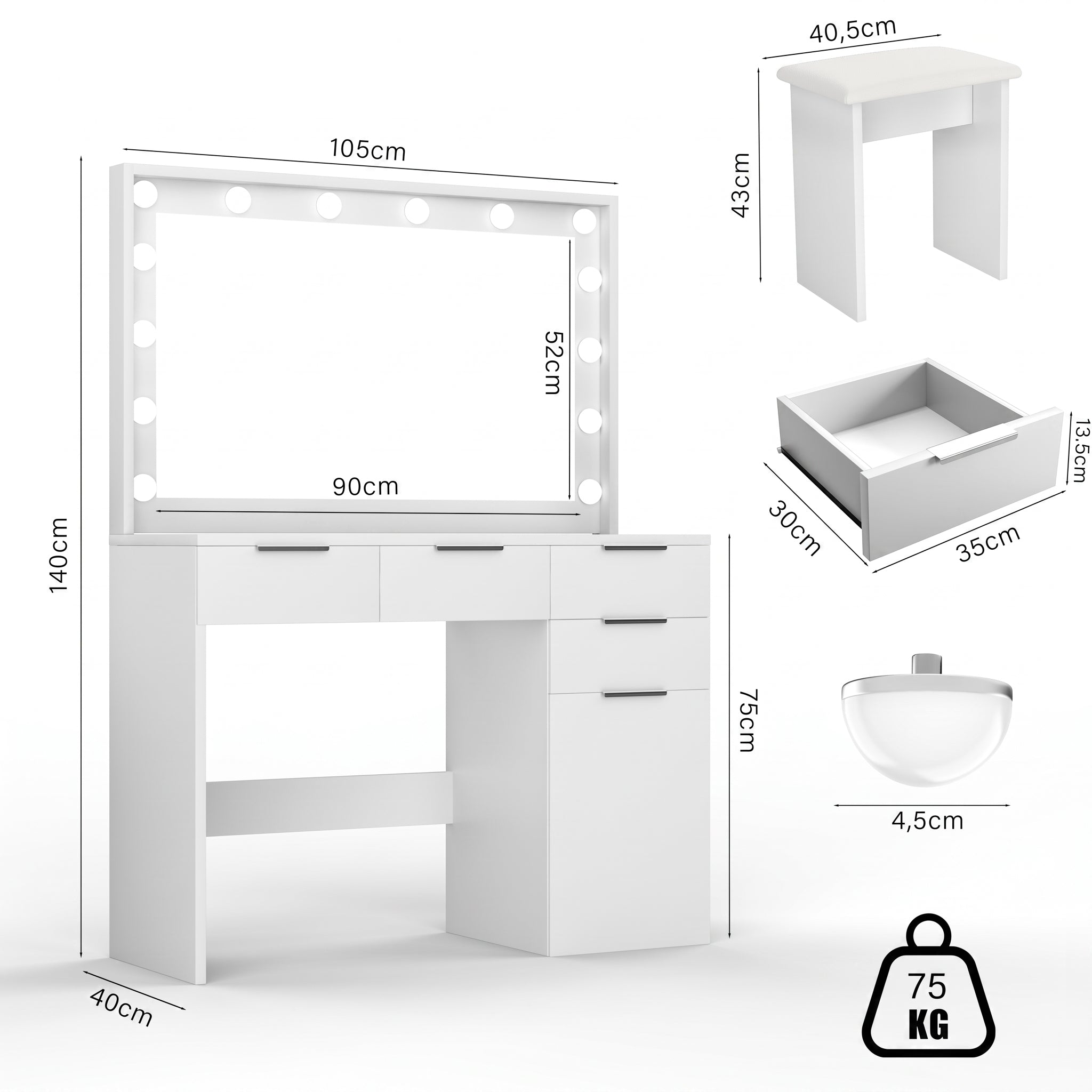 OYAJIA LED Vanity Dressing Table with Mirror, 5 Drawers, Glass Top, Charging Station and Stool