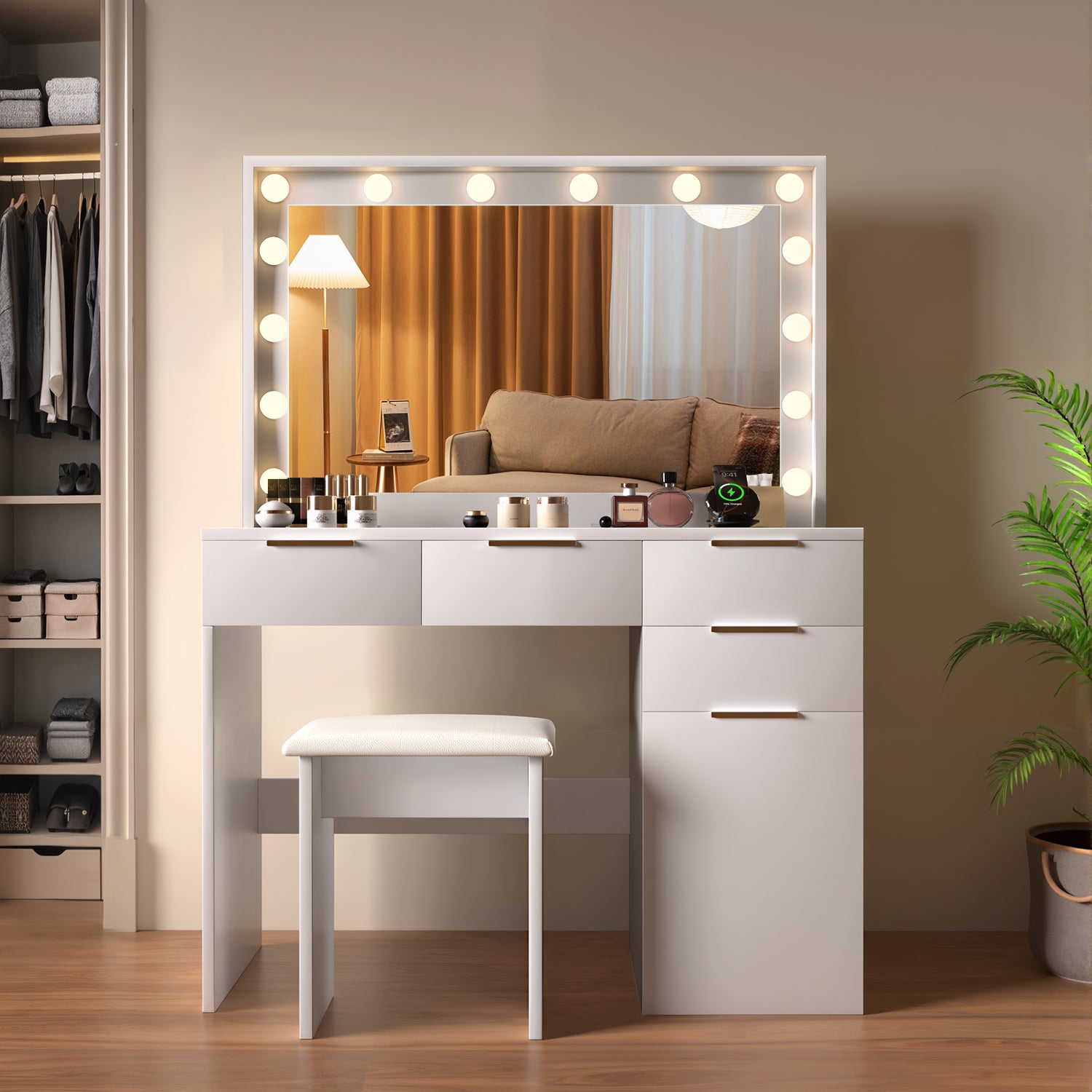 OYAJIA LED Vanity Dressing Table with Mirror, 5 Drawers, Glass Top, Charging Station and Stool